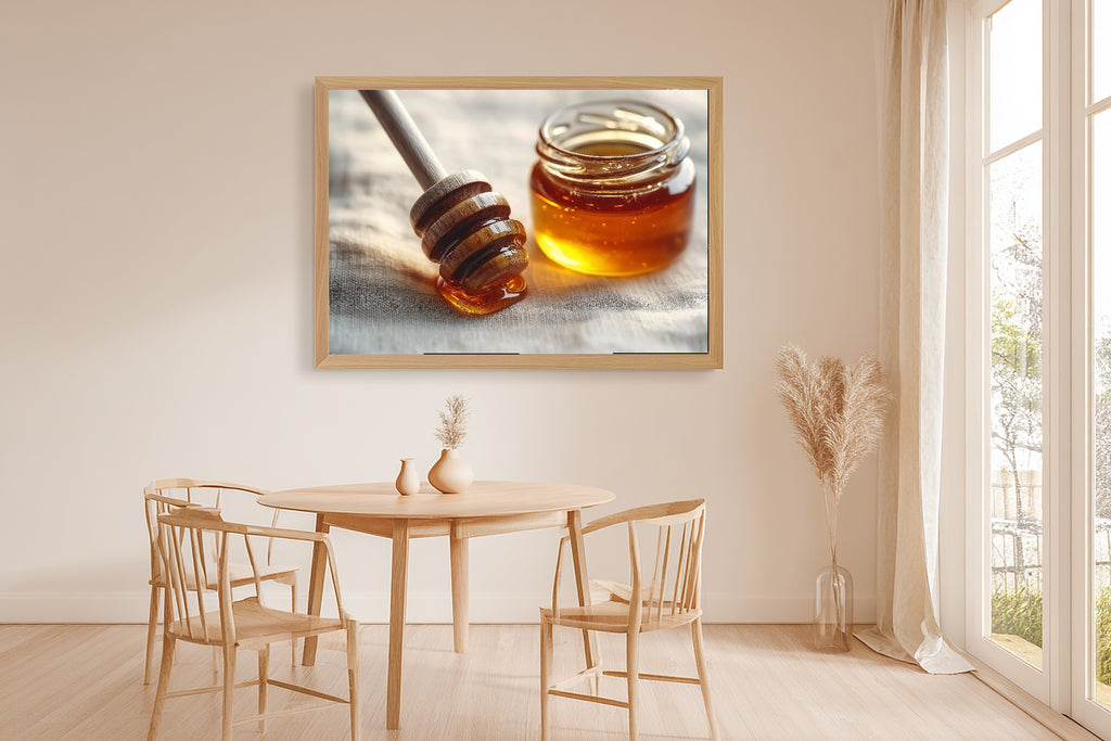 Honey Dipper Amber Jar Giclée Canvas Print, Cozy Neutral Palette Statement Piece, Living Room Wall Art, Gift Under 100 — honey-dipper-amber-jar-dining-room-wall-art.jpg