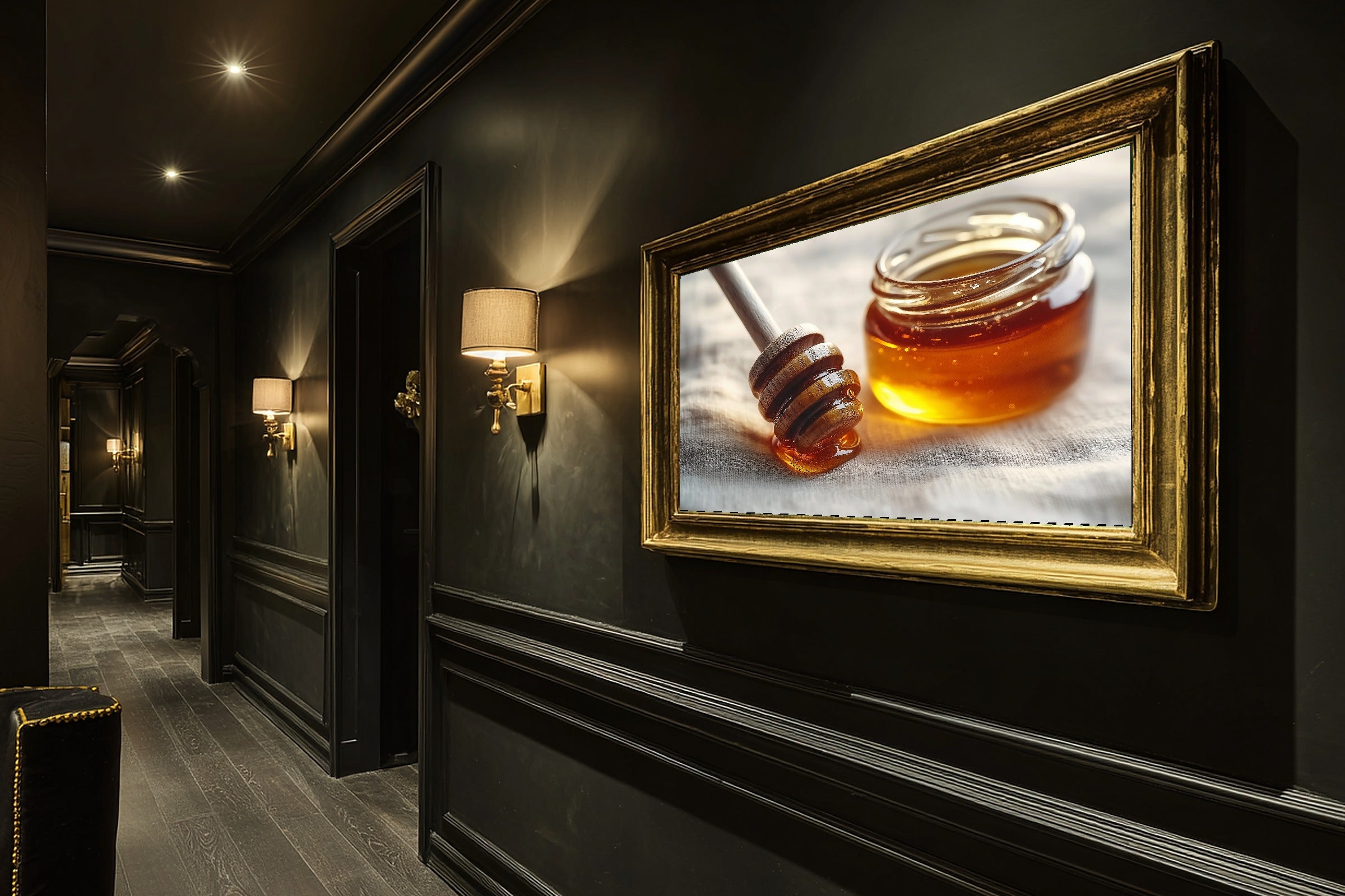 Honey Dipper Amber Jar Giclée Canvas Print, Cozy Neutral Palette Statement Piece, Living Room Wall Art, Gift Under 100 — honey-dipper-amber-jar-hallway-wall-art.jpg