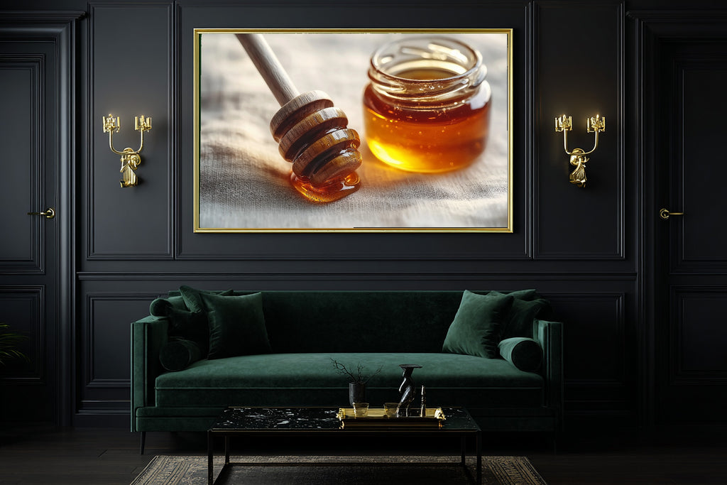 Honey Dipper Amber Jar Giclée Canvas Print, Cozy Neutral Palette Statement Piece, Living Room Wall Art, Gift Under 100 — honey-dipper-amber-jar-office-wall-art.jpg
