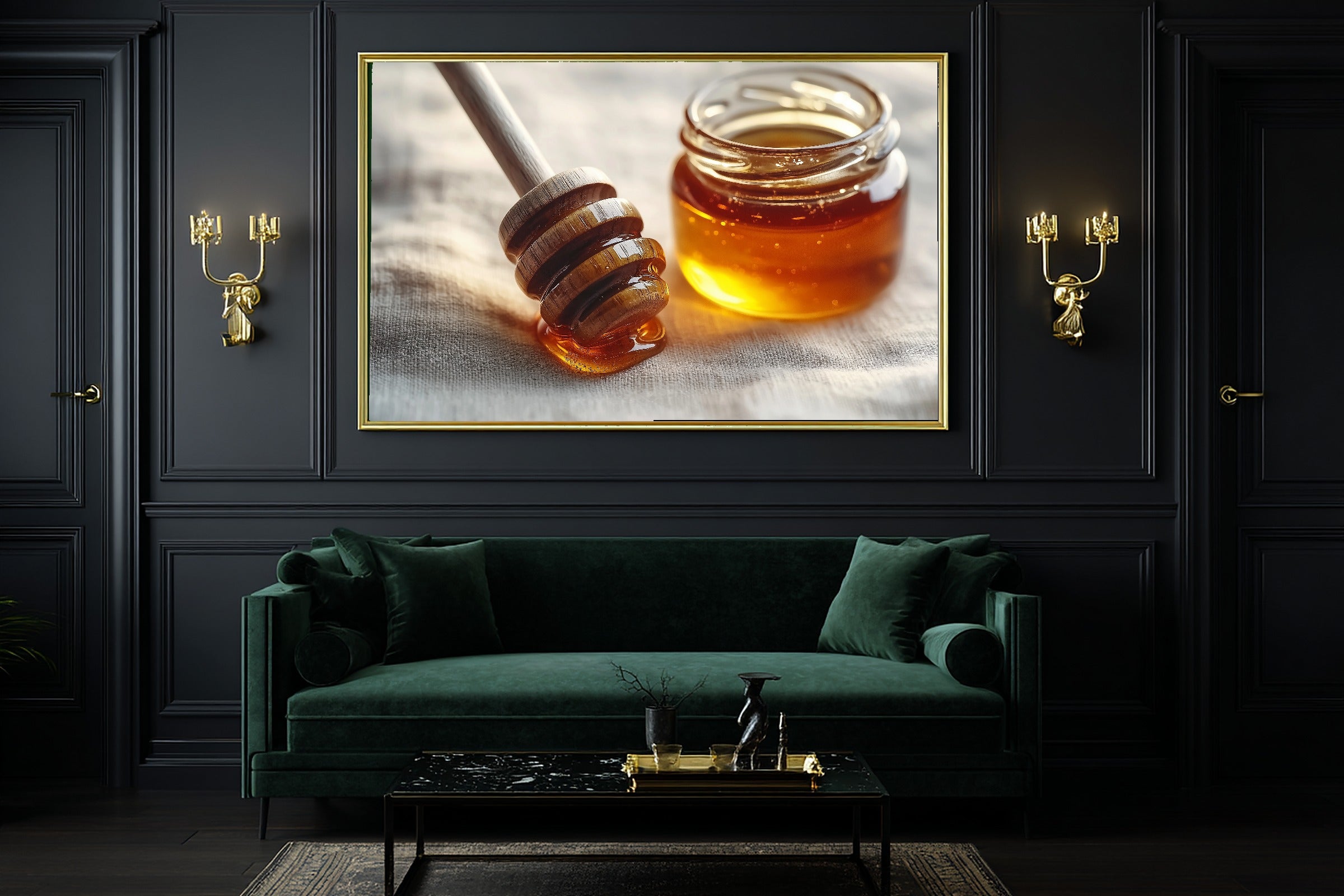 Honey Dipper Amber Jar Giclée Canvas Print, Cozy Neutral Palette Statement Piece, Living Room Wall Art, Gift Under 100 — honey-dipper-amber-jar-office-wall-art.jpg