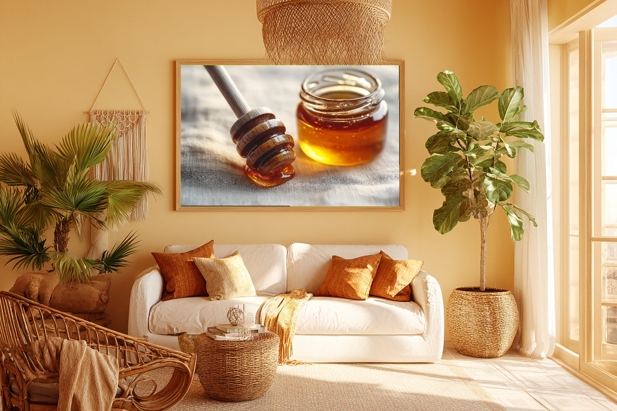 Honey Dipper Amber Jar Giclée Canvas Print, Cozy Neutral Palette Statement Piece, Living Room Wall Art, Gift Under 100 — honey-dipper-amber-jar-room-5-wall-art.jpg