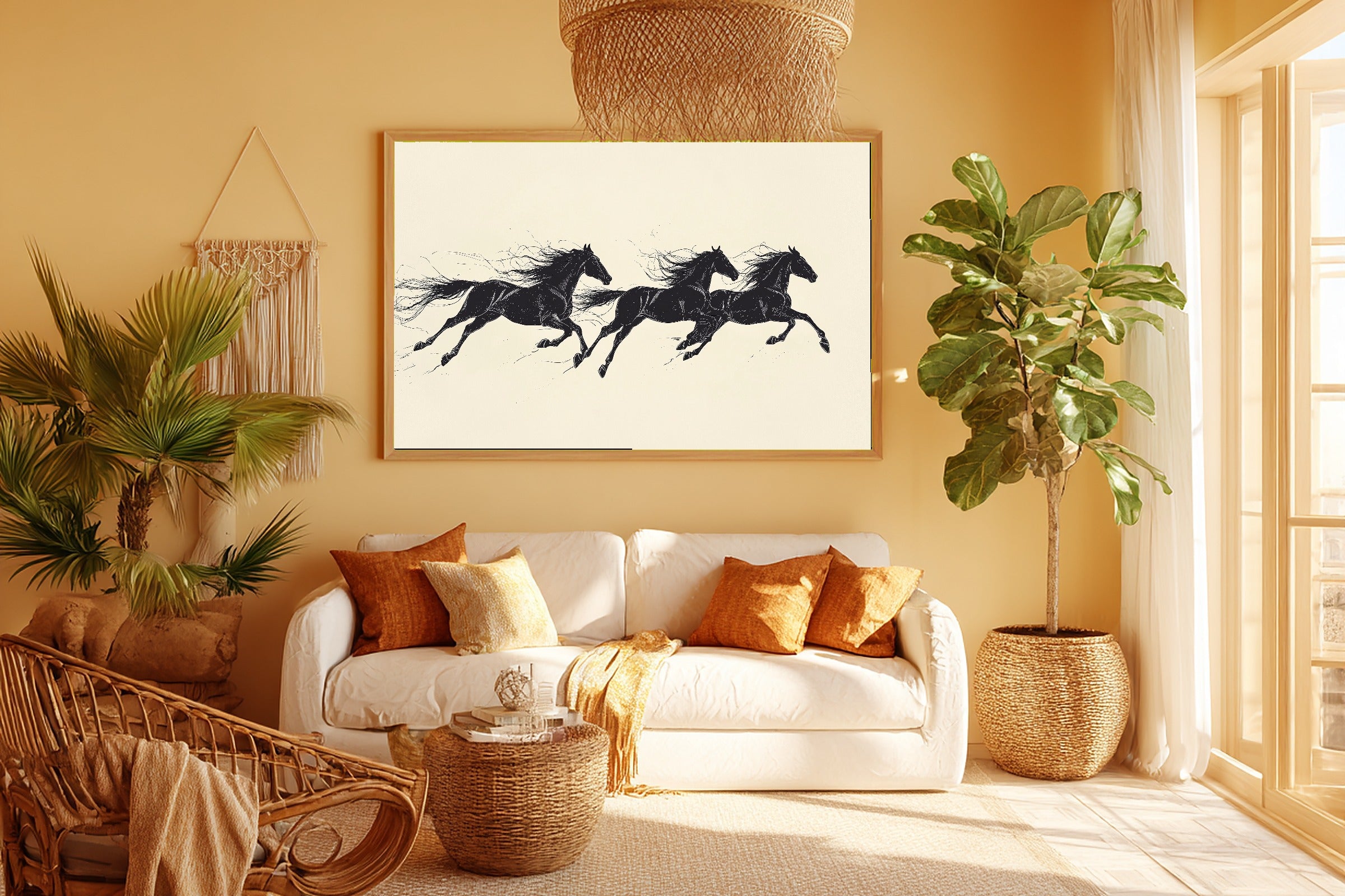 Cozy Studio Horses Running Trio Line Canvas Wall Art — Dreamy Print for the Living Room, A Gift the Art Lover in Your Life Will Adore — horses-running-trio-line-room-5-wall-art.jpg