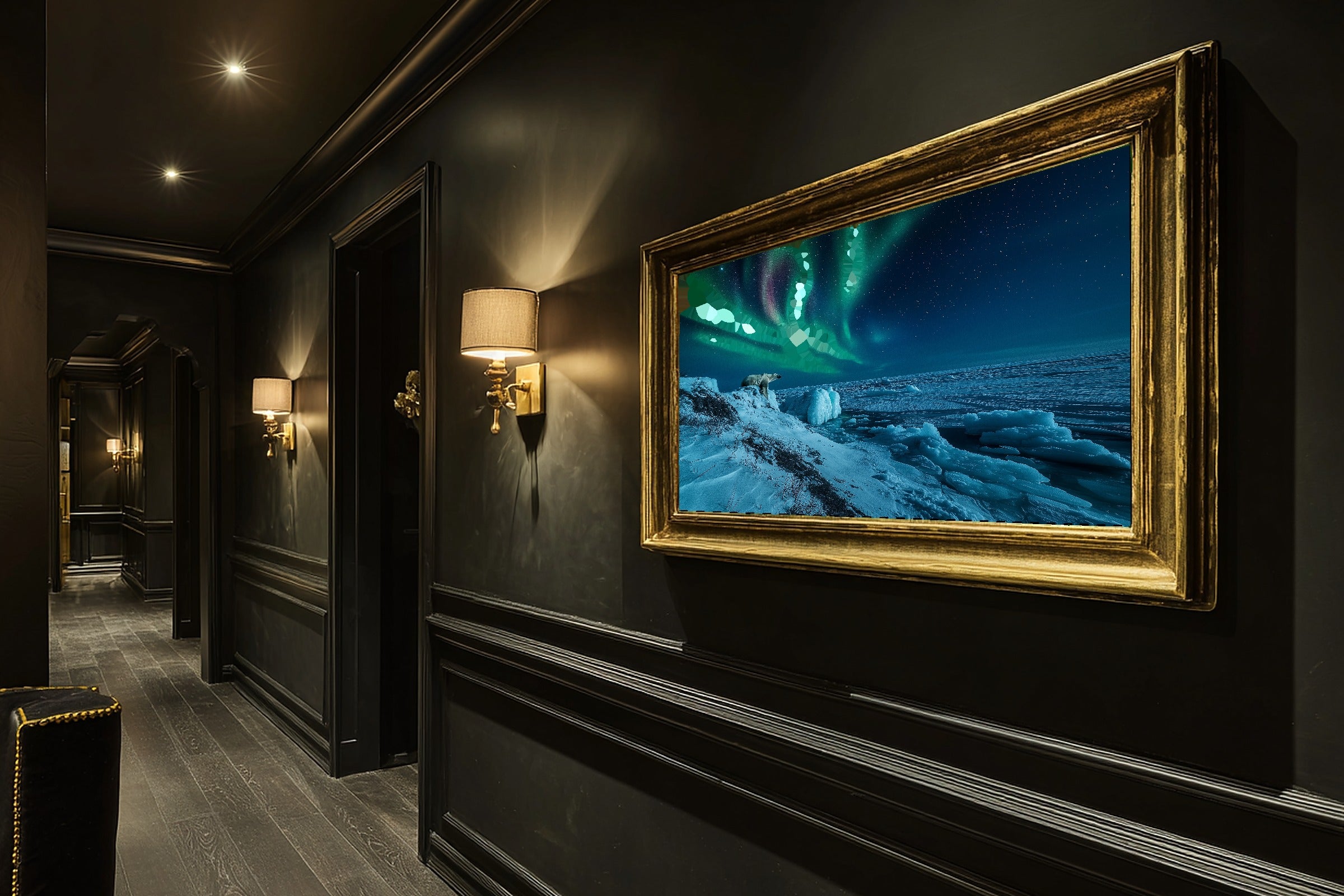 Hand-picked Hudson Bay Polar Aurora Giclée Print — Dreamy Moody Aurora for the Bedroom, Ready-to-Hang Aurora Chaser Next Door Gift — hudson-bay-polar-aurora-hallway-wall-art.jpg