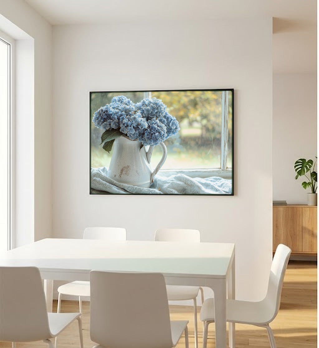 Dried Hydrangea Canvas Wall Art | Ironstone Jug Still Life Print, Coastal Grandma Decor, Stretched Canvas — hydrangea-ironstone-jug-bedroom-wall-art.jpg