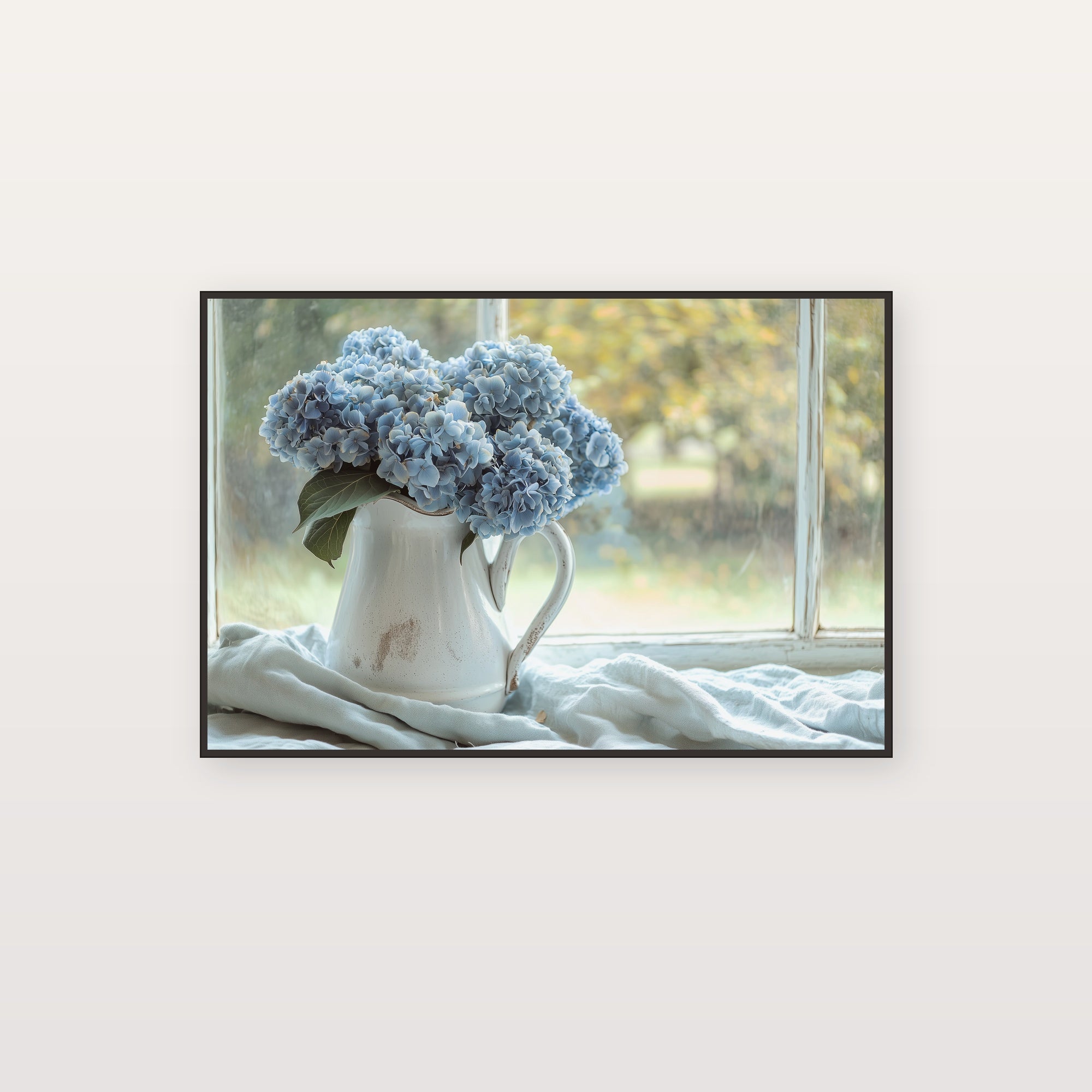 Dried Hydrangea Canvas Wall Art | Ironstone Jug Still Life Print, Coastal Grandma Decor, Stretched Canvas — hydrangea-ironstone-jug-canvas-print.jpg