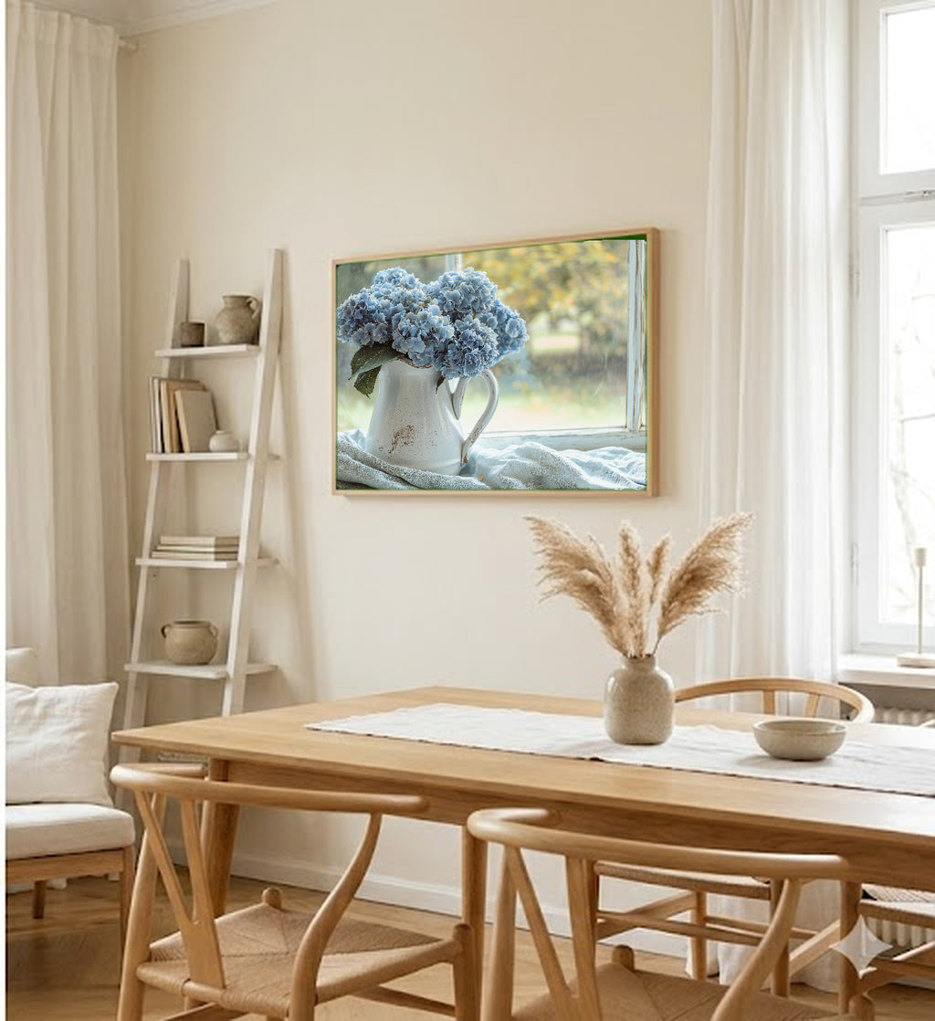 Dried Hydrangea Canvas Wall Art | Ironstone Jug Still Life Print, Coastal Grandma Decor, Stretched Canvas — hydrangea-ironstone-jug-dining-room-wall-art.jpg