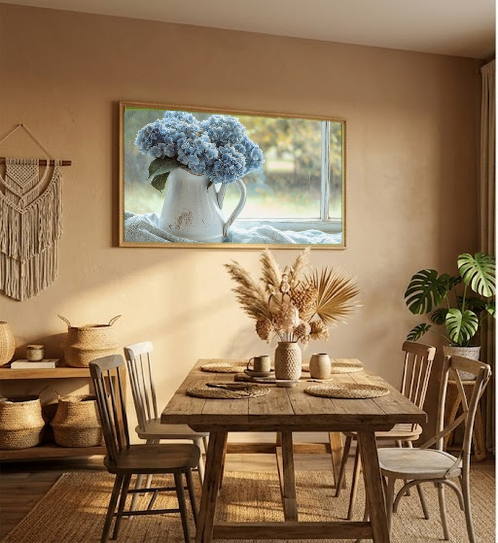 Dried Hydrangea Canvas Wall Art | Ironstone Jug Still Life Print, Coastal Grandma Decor, Stretched Canvas — hydrangea-ironstone-jug-hallway-wall-art.jpg