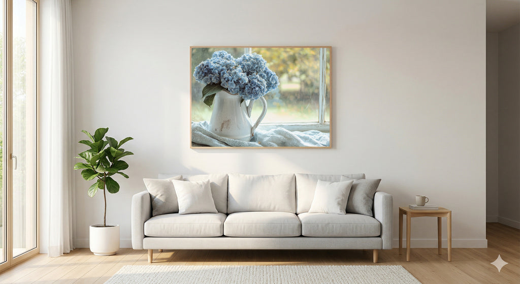 Dried Hydrangea Canvas Wall Art | Ironstone Jug Still Life Print, Coastal Grandma Decor, Stretched Canvas — hydrangea-ironstone-jug-living-room-wall-art.jpg