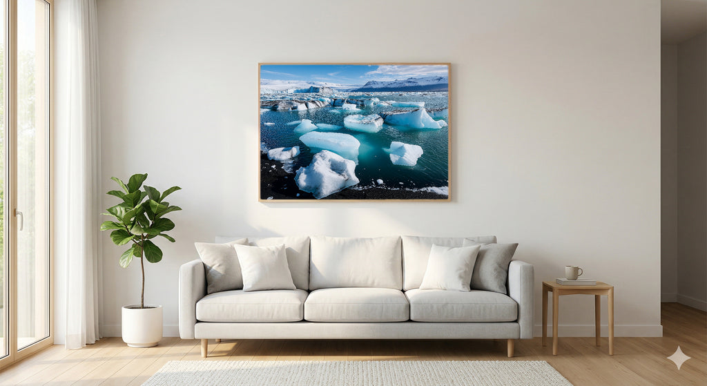 Jökulsárlón Glacier Lagoon Canvas Wall Art | Iceland Ice Print, Nordic Landscape, Dramatic Decor, Stretched Canvas — iceland-glacier-lagoon-living-room-wall-art.jpg