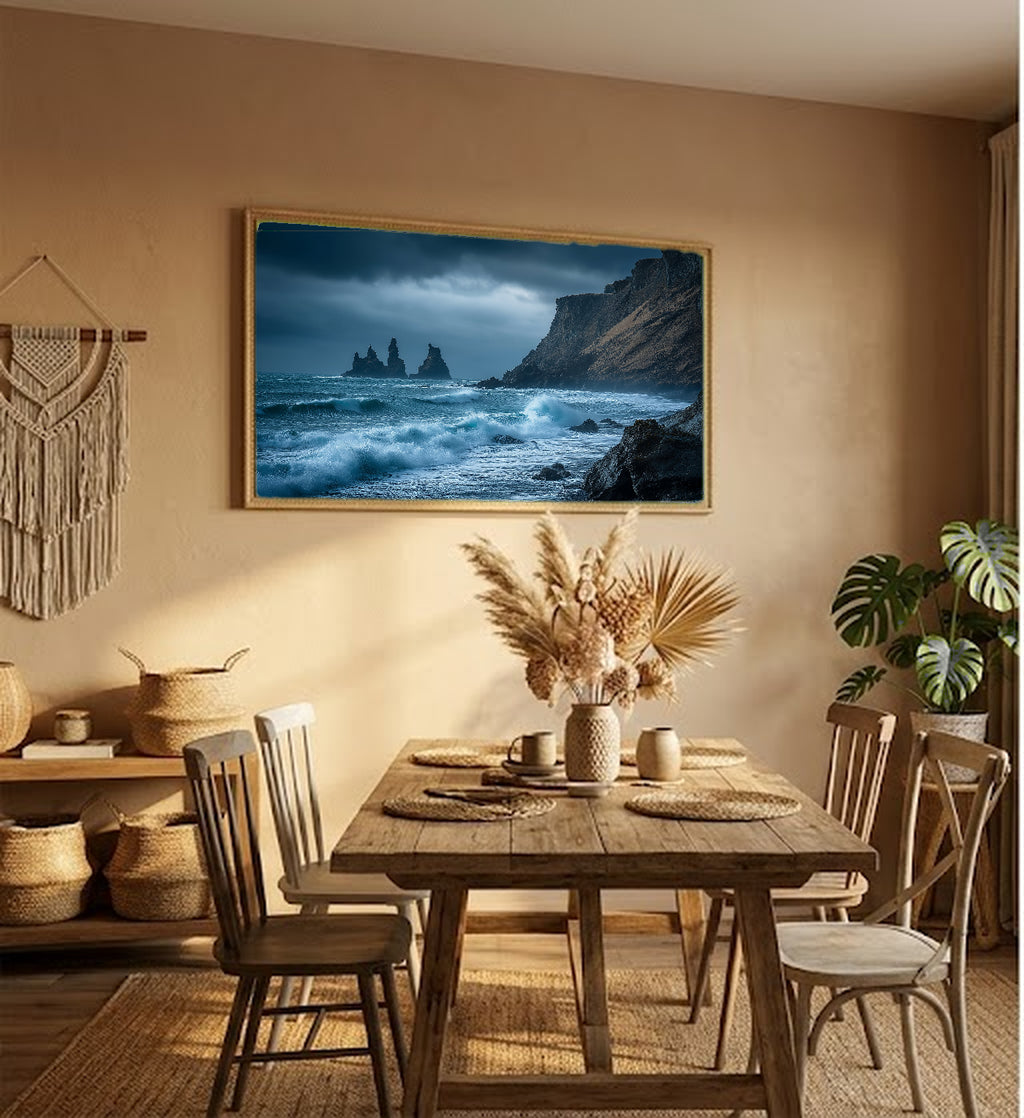Iceland Black Sand Beach Canvas Wall Art | Vik Reynisfjara Print, Basalt Columns, Dramatic Decor, Stretched Canvas — iceland-vik-black-beach-hallway-wall-art.jpg