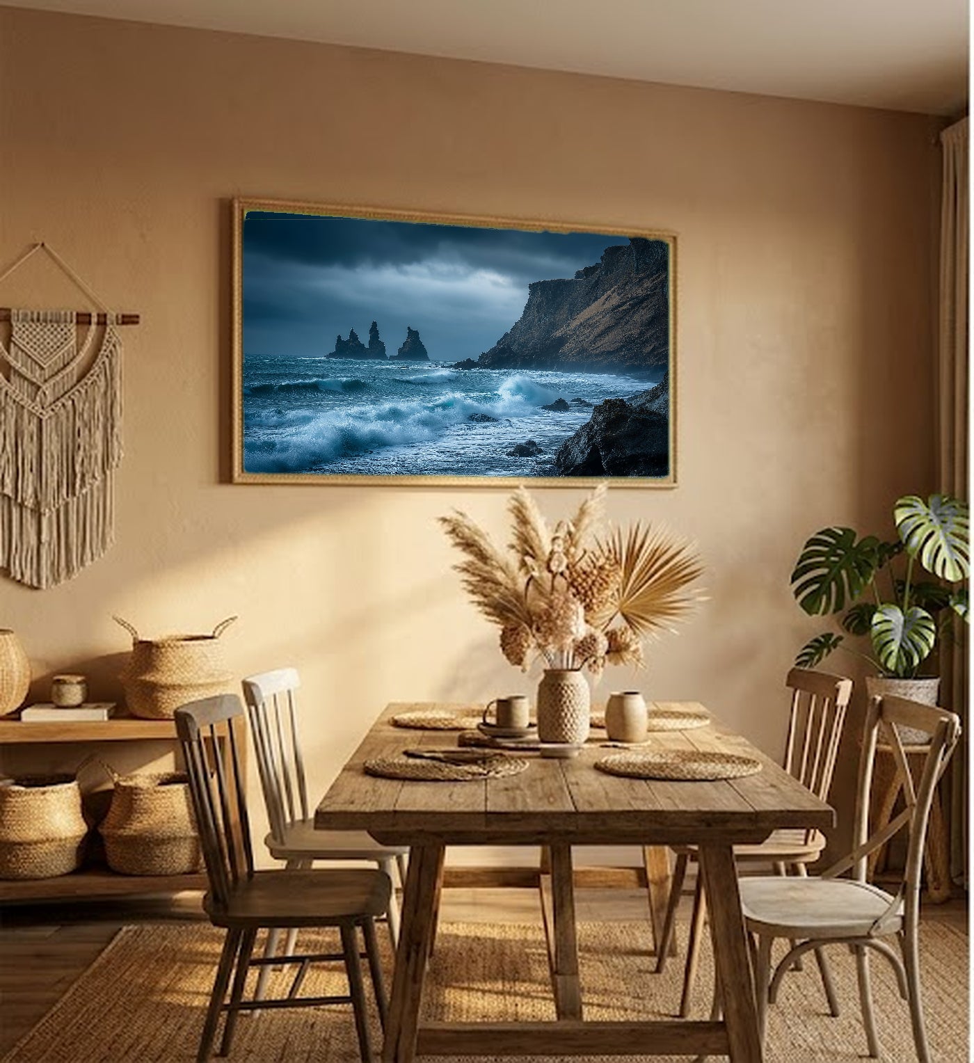 Iceland Black Sand Beach Canvas Wall Art | Vik Reynisfjara Print, Basalt Columns, Dramatic Decor, Stretched Canvas — iceland-vik-black-beach-hallway-wall-art.jpg