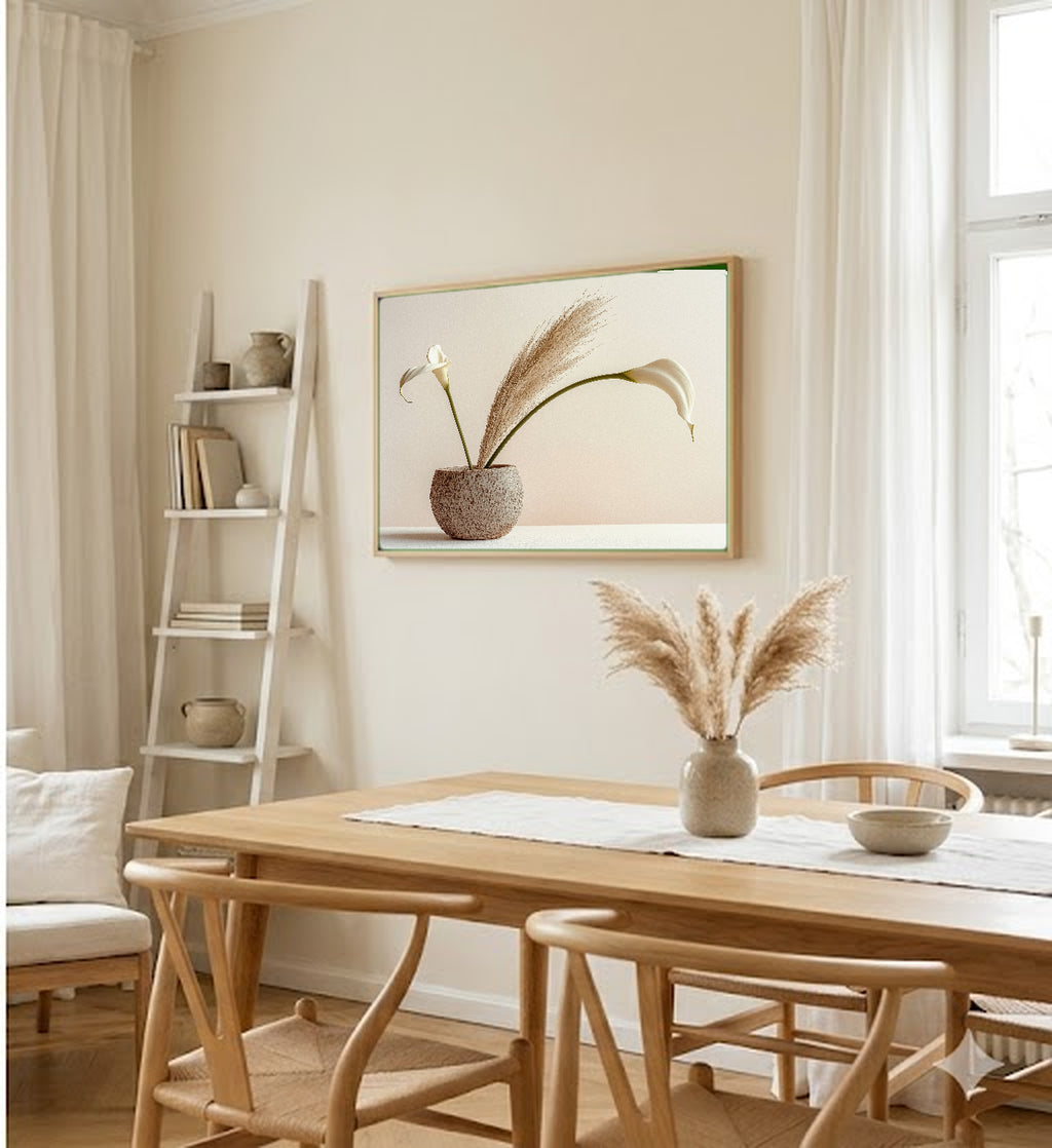 Ikebana Canvas Wall Art | Minimalist Neutral Print, Japandi Decor, Stretched Canvas — ikebana-arrangement-neutral-dining-room-wall-art.jpg