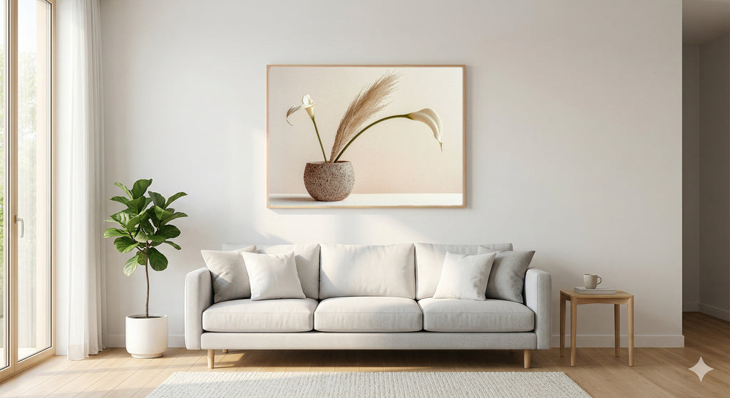 Ikebana Canvas Wall Art | Minimalist Neutral Print, Japandi Decor, Stretched Canvas — ikebana-arrangement-neutral-living-room-wall-art.jpg