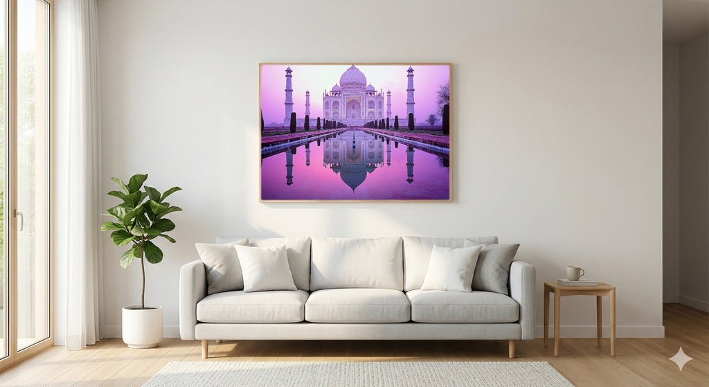Taj Mahal Canvas Wall Art | India Sunrise Print, Historical Landmark, Asian Decor, Stretched Canvas — india-taj-mahal-living-room-wall-art.jpg