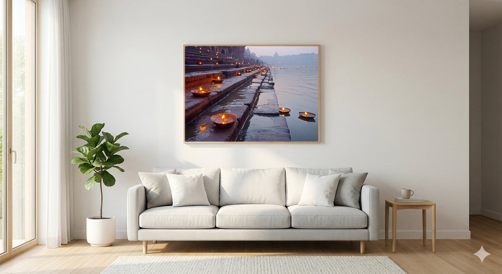 Varanasi Ganges Canvas Wall Art | India Sacred River Print, Spiritual Decor, Asian Landscape, Stretched Canvas — india-varanasi-ganges-living-room-wall-art.jpg