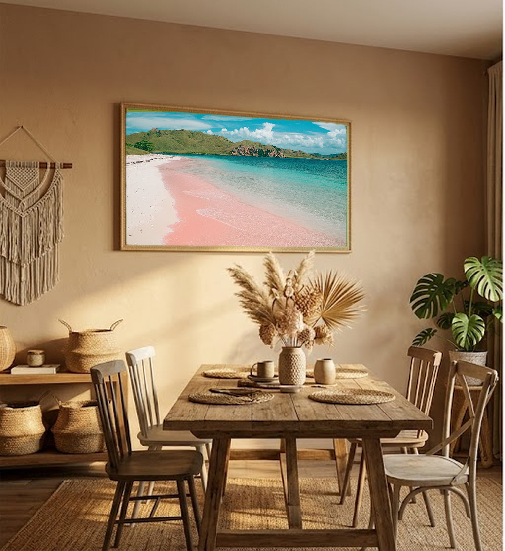 Komodo Pink Beach Canvas Wall Art | Indonesia Tropical Print, Unique Beach Decor, Stretched Canvas — indonesia-komodo-pink-hallway-wall-art.jpg