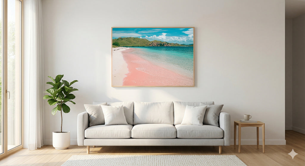 Komodo Pink Beach Canvas Wall Art | Indonesia Tropical Print, Unique Beach Decor, Stretched Canvas — indonesia-komodo-pink-living-room-wall-art.jpg