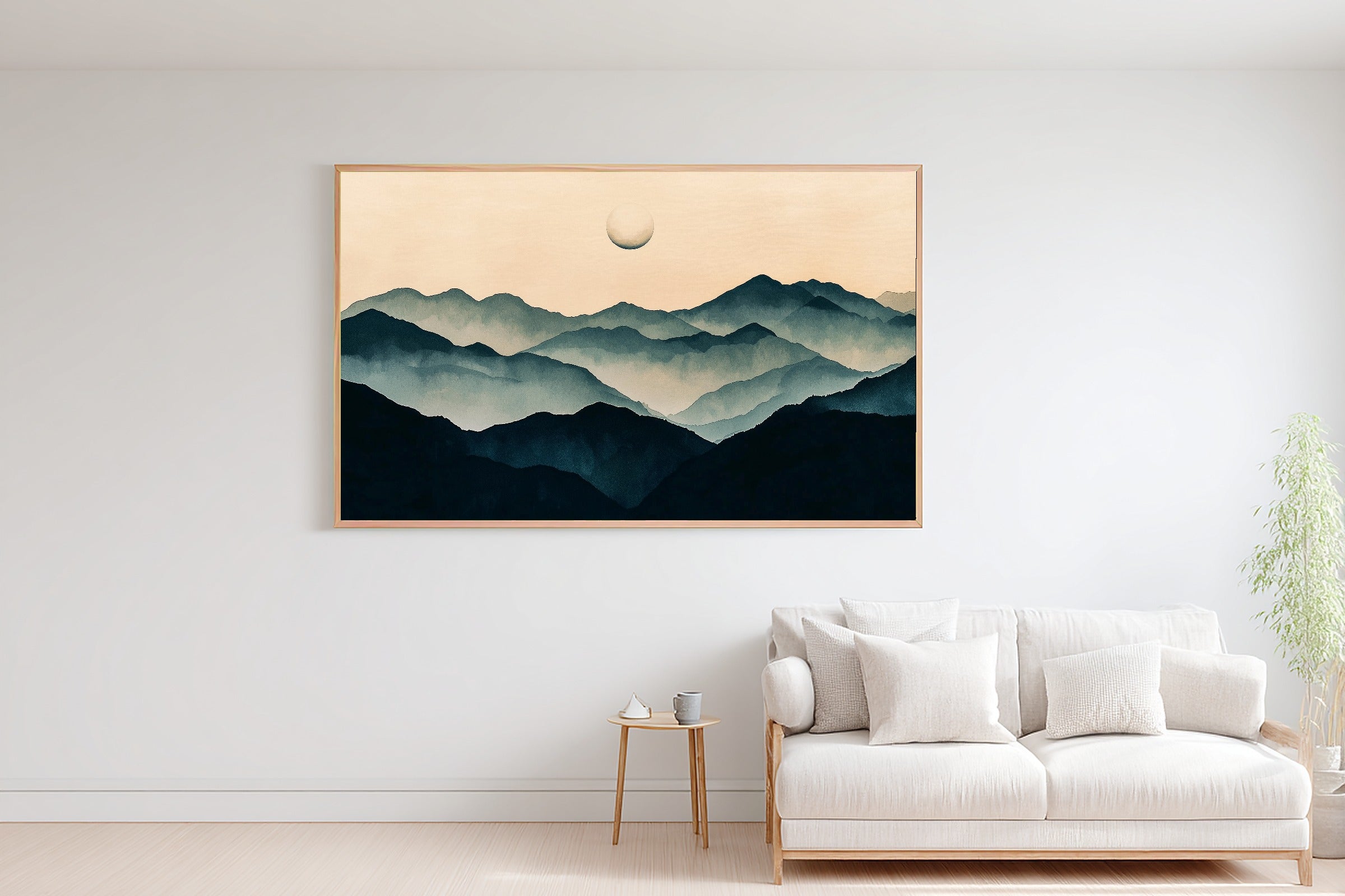 Ink Wash Moon Mountain Giclée Canvas Print, Majestic Sunrise Statement Piece, Cabin Wall Art, Meaningful Gift for Art Lovers — ink-wash-moon-mountain-bedroom-wall-art.jpg