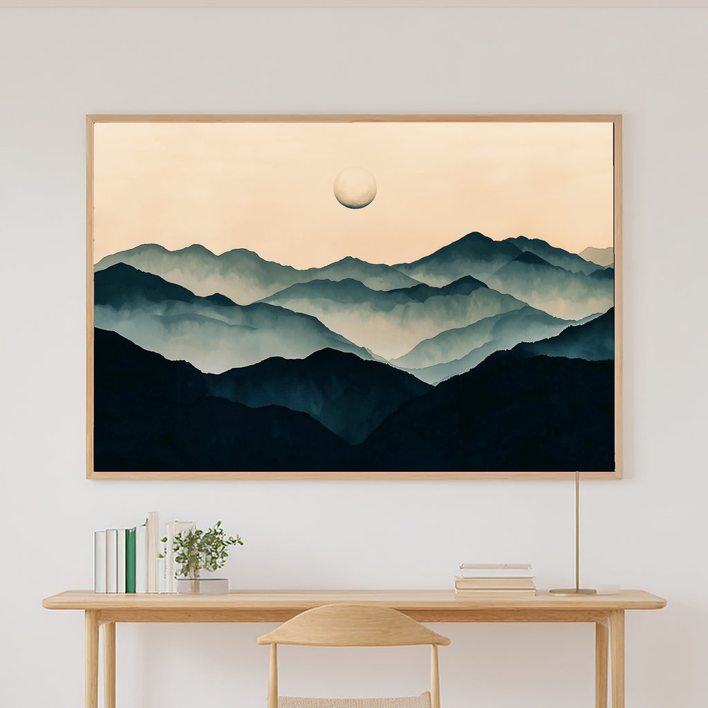 Ink Wash Moon Mountain Giclée Canvas Print, Majestic Sunrise Statement Piece, Cabin Wall Art, Meaningful Gift for Art Lovers — ink-wash-moon-mountain-canvas-print.jpg