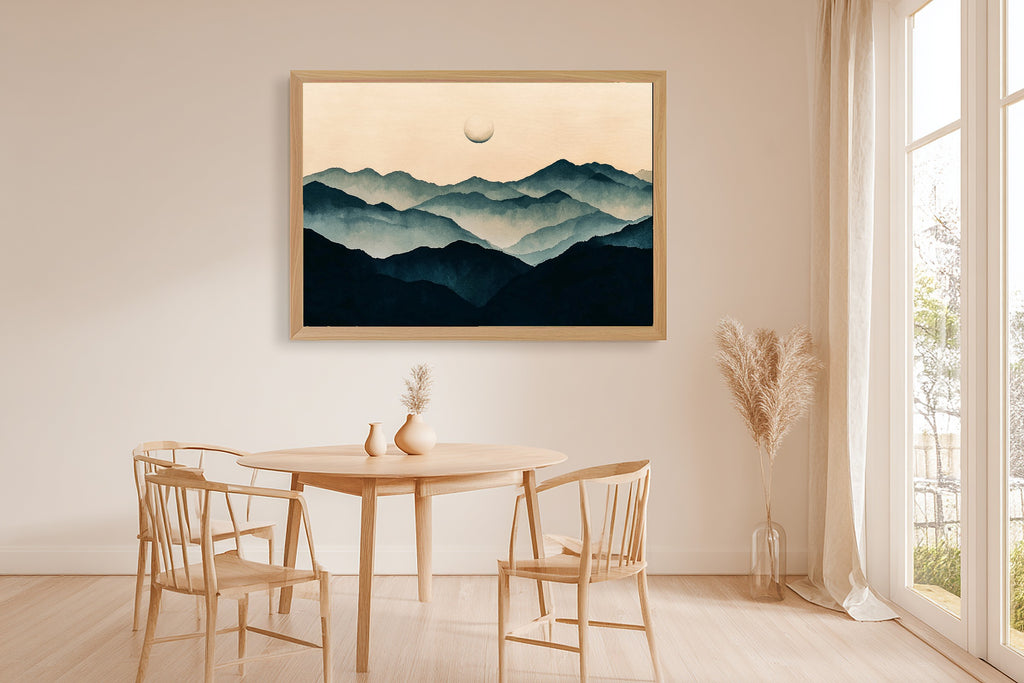 Ink Wash Moon Mountain Giclée Canvas Print, Majestic Sunrise Statement Piece, Cabin Wall Art, Meaningful Gift for Art Lovers — ink-wash-moon-mountain-dining-room-wall-art.jpg