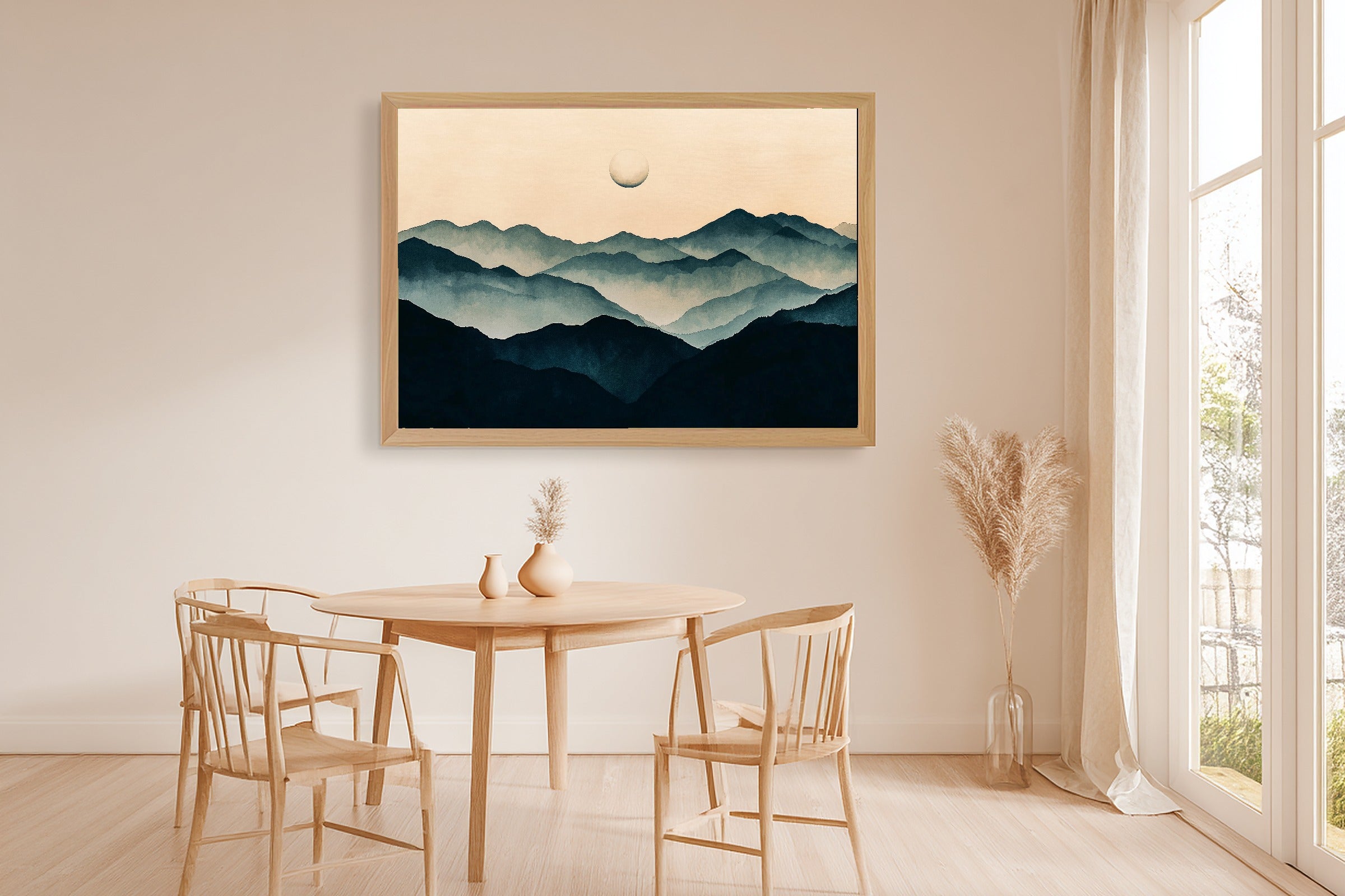 Ink Wash Moon Mountain Giclée Canvas Print, Majestic Sunrise Statement Piece, Cabin Wall Art, Meaningful Gift for Art Lovers — ink-wash-moon-mountain-dining-room-wall-art.jpg
