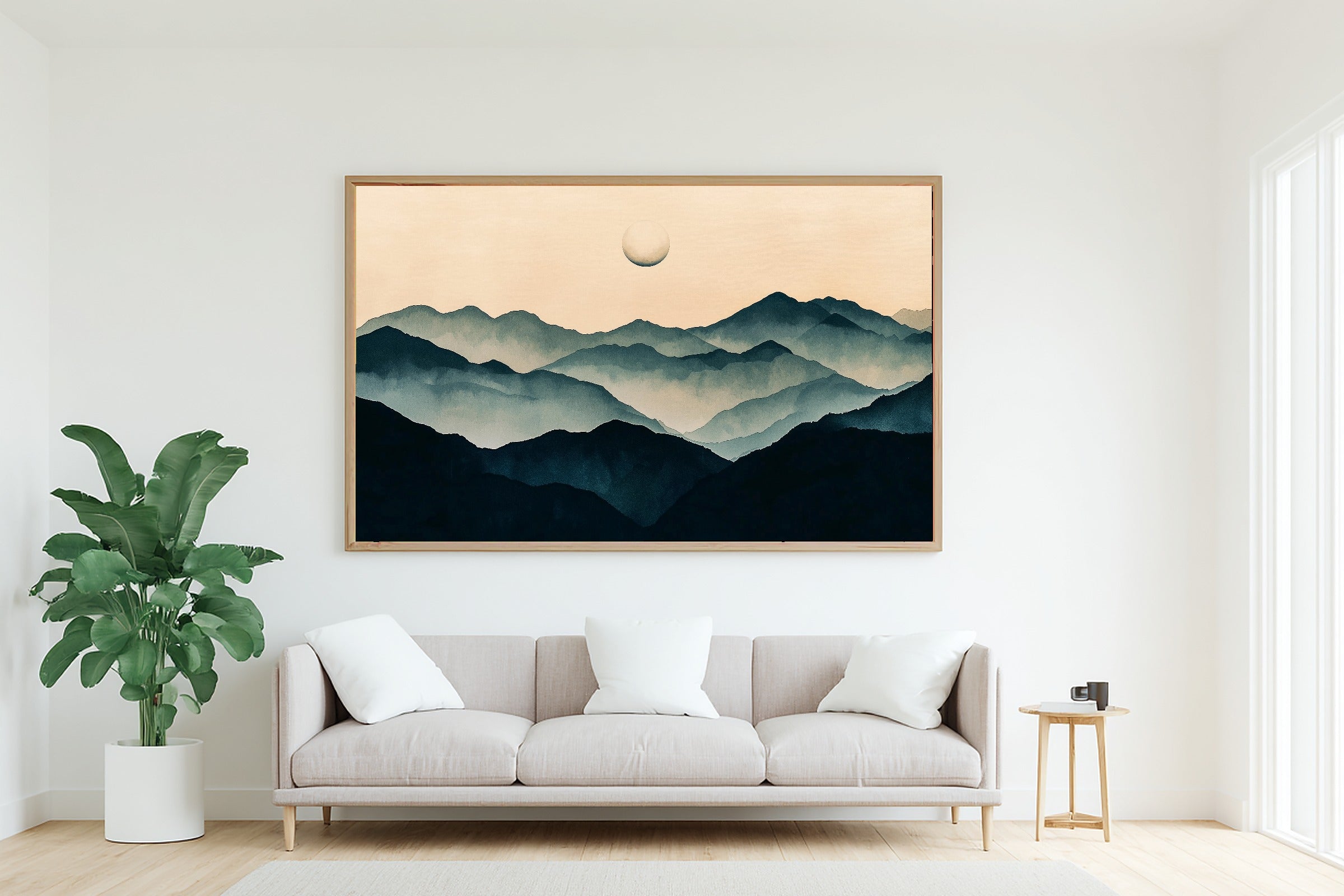 Ink Wash Moon Mountain Giclée Canvas Print, Majestic Sunrise Statement Piece, Cabin Wall Art, Meaningful Gift for Art Lovers — ink-wash-moon-mountain-living-room-wall-art.jpg
