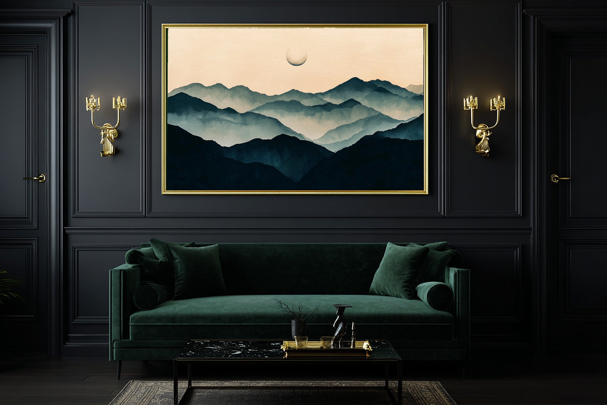 Ink Wash Moon Mountain Giclée Canvas Print, Majestic Sunrise Statement Piece, Cabin Wall Art, Meaningful Gift for Art Lovers — ink-wash-moon-mountain-office-wall-art.jpg