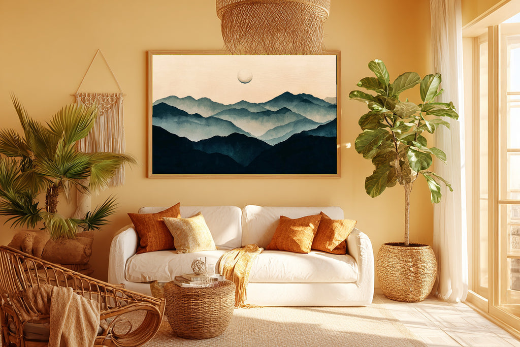 Ink Wash Moon Mountain Giclée Canvas Print, Majestic Sunrise Statement Piece, Cabin Wall Art, Meaningful Gift for Art Lovers — ink-wash-moon-mountain-room-5-wall-art.jpg