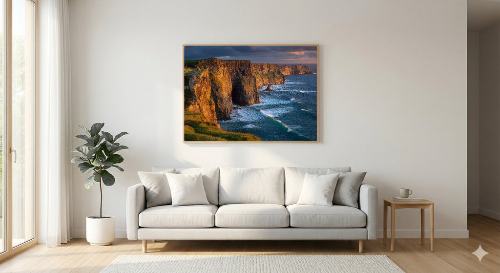 Cliffs of Moher Canvas Wall Art | Ireland Coast Print, Atlantic Ocean, Celtic Decor, Stretched Canvas — ireland-cliffs-moher-living-room-wall-art.jpg