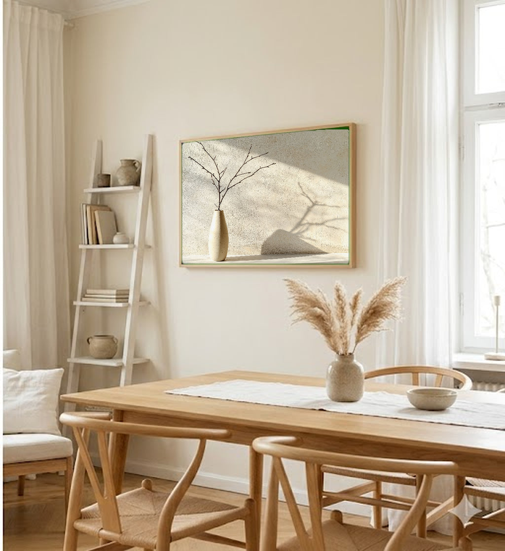 Minimal Branch Canvas Wall Art | Japandi Vase Print, Neutral Decor, Stretched Canvas — japandi-branch-vase-dining-room-wall-art.jpg