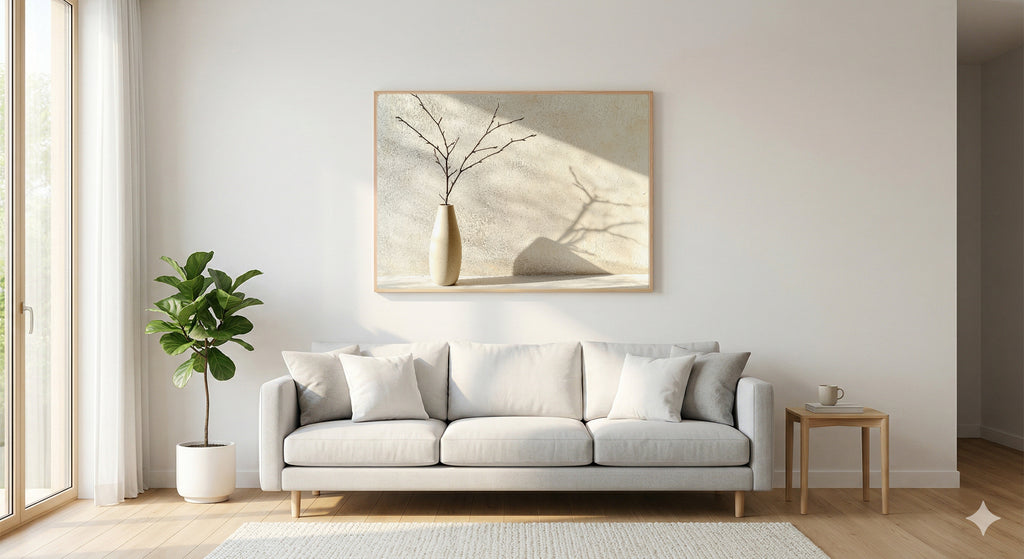 Minimal Branch Canvas Wall Art | Japandi Vase Print, Neutral Decor, Stretched Canvas — japandi-branch-vase-living-room-wall-art.jpg