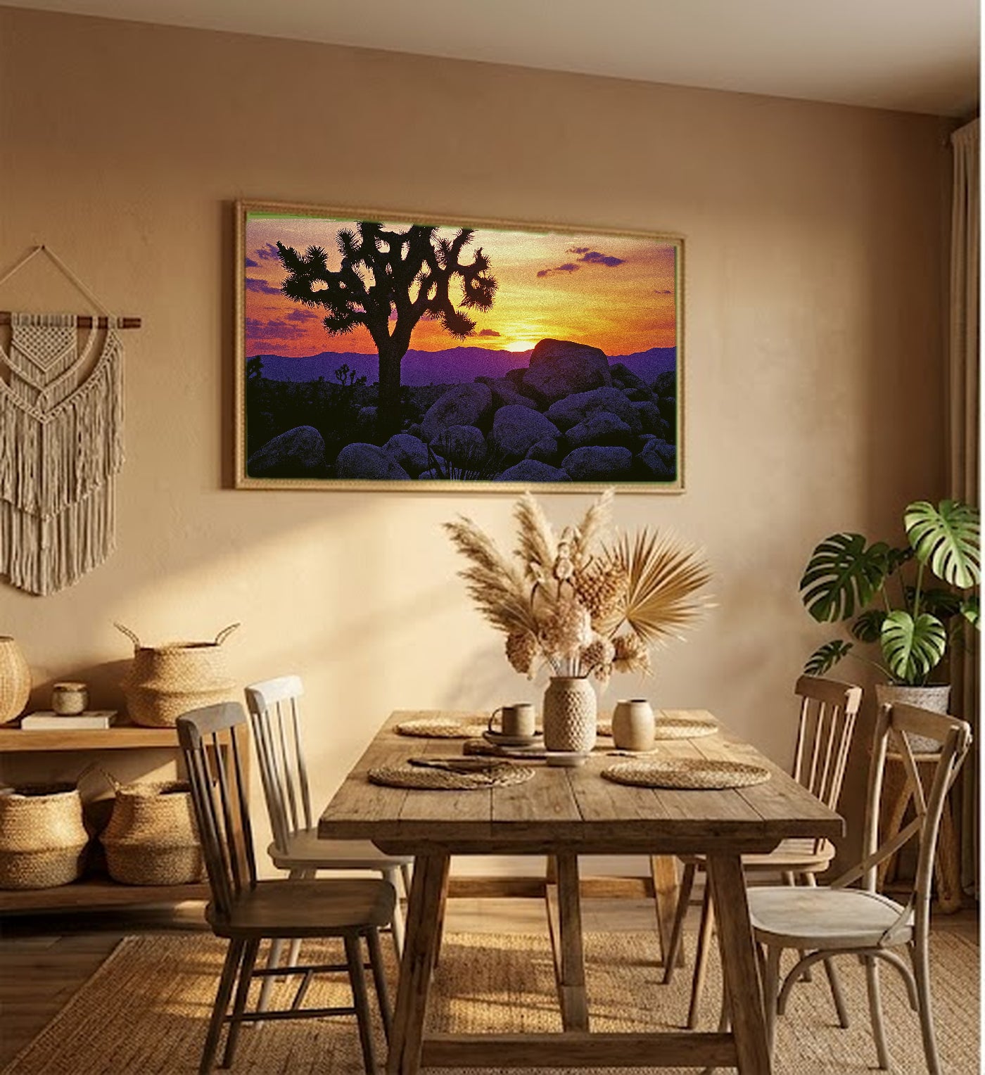 Joshua Tree Canvas Wall Art | Retro Travel Poster Print, Desert 70s Decor, Stretched Canvas — joshua-tree-retro-poster-hallway-wall-art.jpg