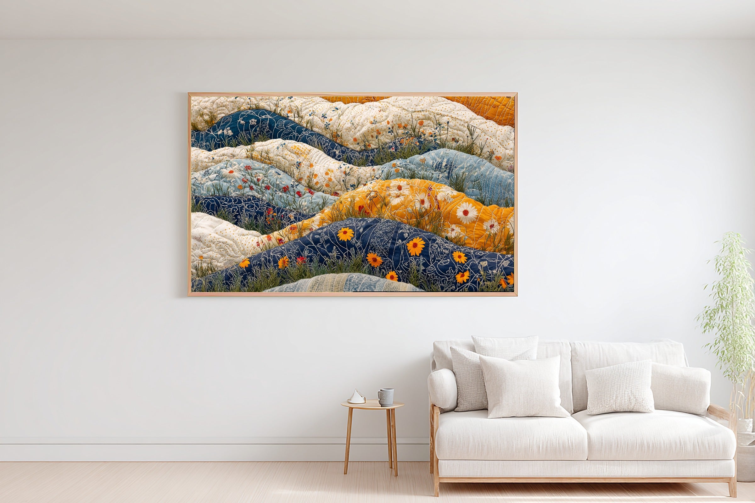 Kantha Quilt Wildflower Canvas Print, Fresh Botanical Feel, Reading Nook Focal Point, Premium Canvas, Christmas Gift for Nature Lovers — kantha-quilt-wildflower-bedroom-wall-art.jpg