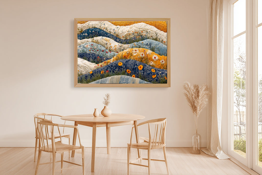 Kantha Quilt Wildflower Canvas Print, Fresh Botanical Feel, Reading Nook Focal Point, Premium Canvas, Christmas Gift for Nature Lovers — kantha-quilt-wildflower-dining-room-wall-art.jpg
