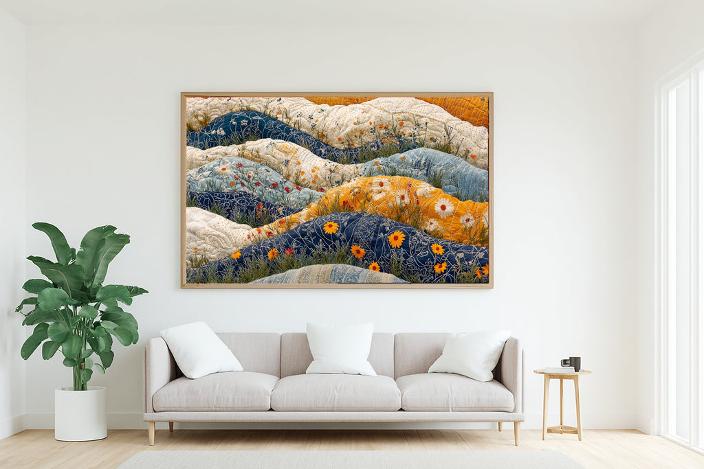 Kantha Quilt Wildflower Canvas Print, Fresh Botanical Feel, Reading Nook Focal Point, Premium Canvas, Christmas Gift for Nature Lovers — kantha-quilt-wildflower-living-room-wall-art.jpg
