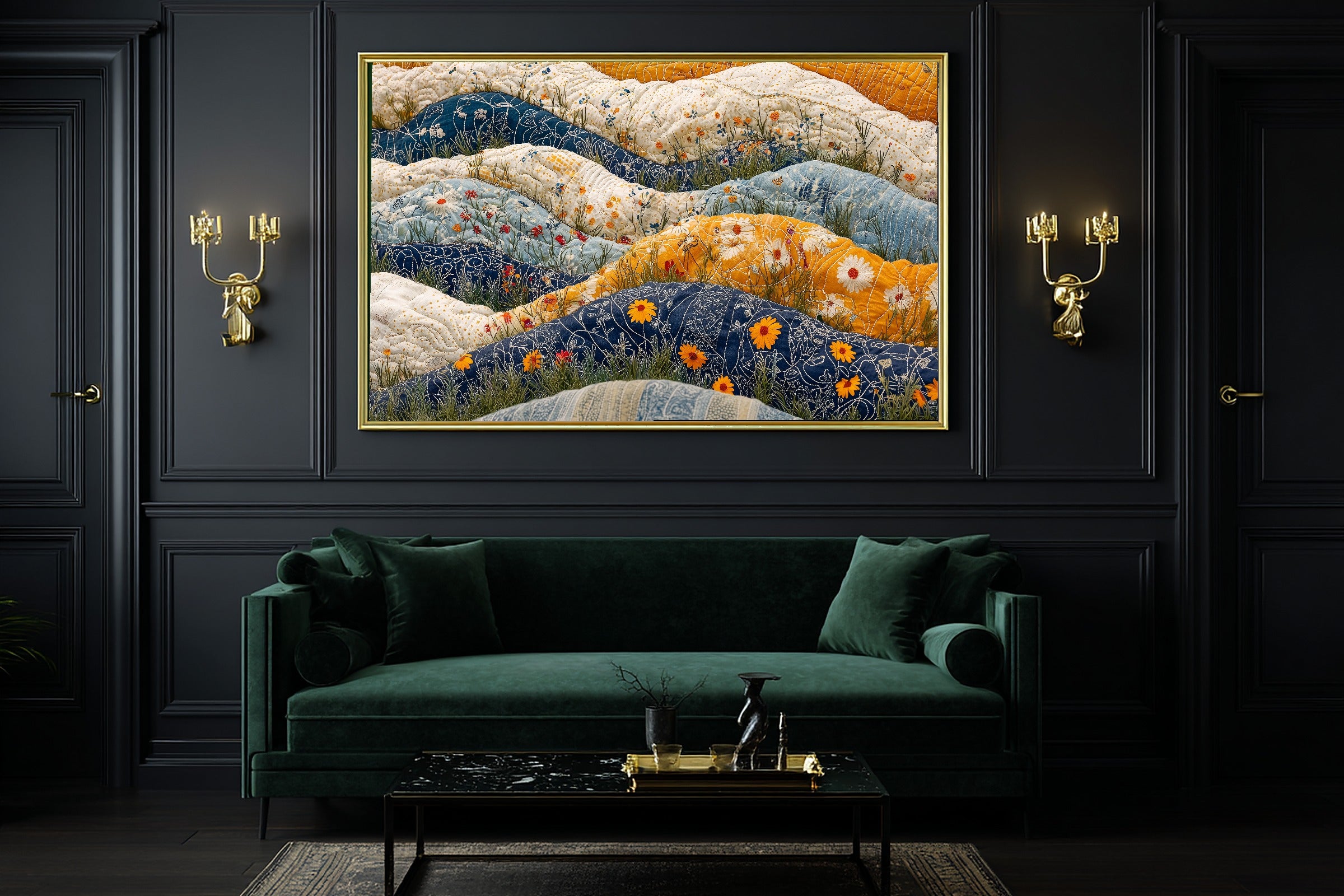 Kantha Quilt Wildflower Canvas Print, Fresh Botanical Feel, Reading Nook Focal Point, Premium Canvas, Christmas Gift for Nature Lovers — kantha-quilt-wildflower-office-wall-art.jpg