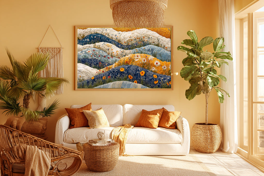 Kantha Quilt Wildflower Canvas Print, Fresh Botanical Feel, Reading Nook Focal Point, Premium Canvas, Christmas Gift for Nature Lovers — kantha-quilt-wildflower-room-5-wall-art.jpg