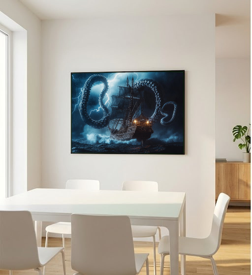 Kraken Canvas Wall Art | Ship Storm Print, Mythical Maritime Decor, Stretched Canvas — kraken-ship-storm-bedroom-wall-art.jpg