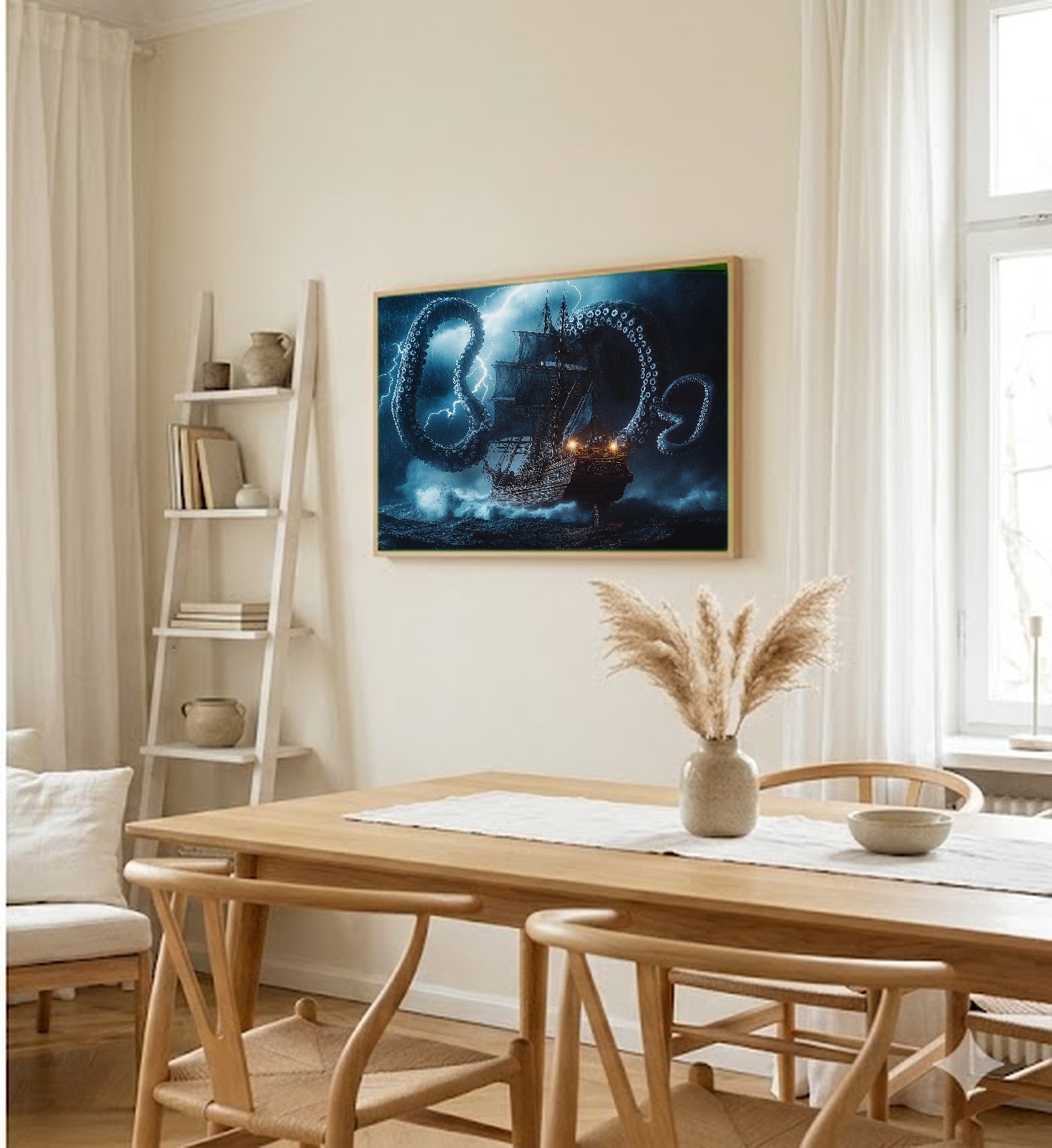 Kraken Canvas Wall Art | Ship Storm Print, Mythical Maritime Decor, Stretched Canvas — kraken-ship-storm-dining-room-wall-art.jpg