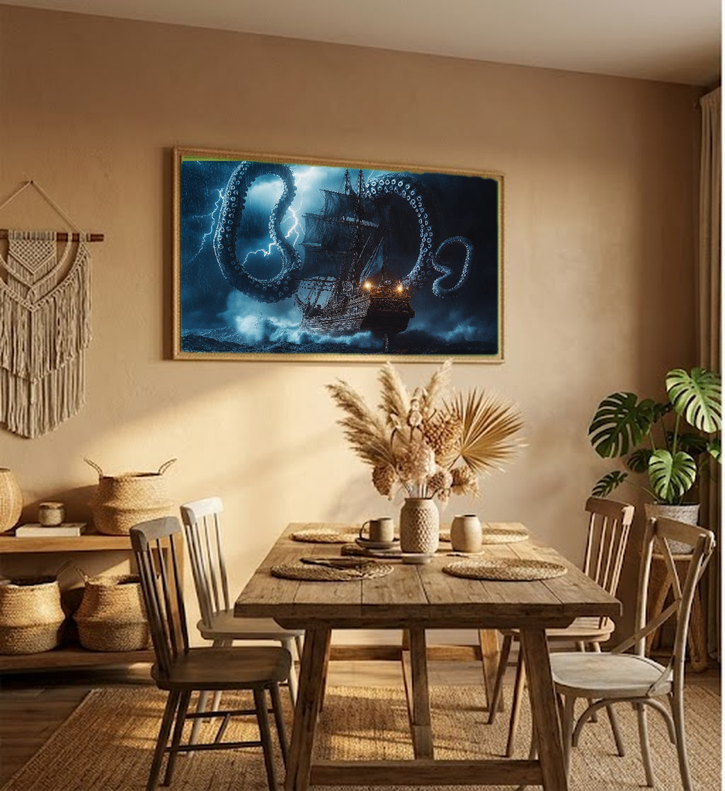 Kraken Canvas Wall Art | Ship Storm Print, Mythical Maritime Decor, Stretched Canvas — kraken-ship-storm-hallway-wall-art.jpg