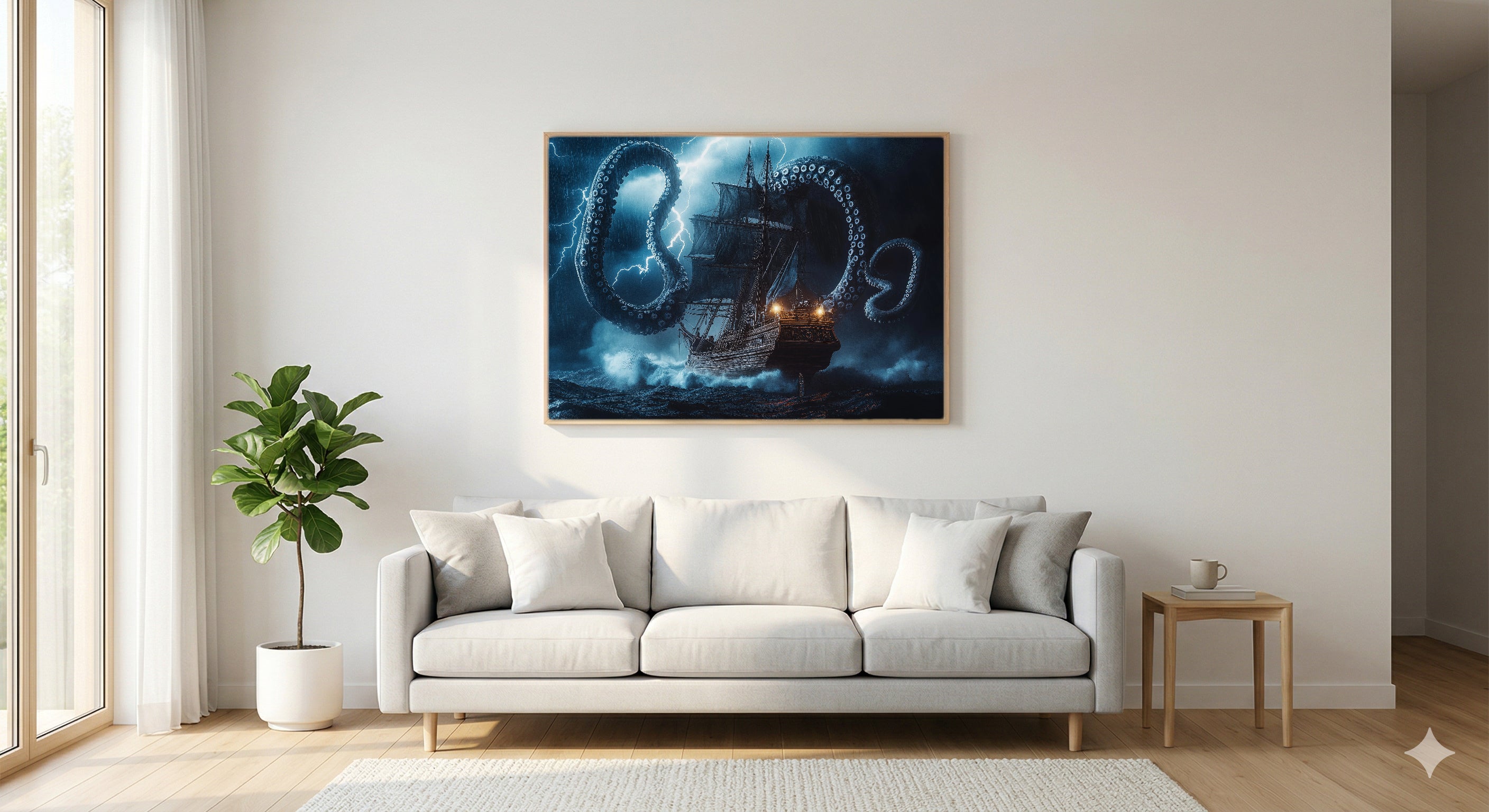 Kraken Canvas Wall Art | Ship Storm Print, Mythical Maritime Decor, Stretched Canvas — kraken-ship-storm-living-room-wall-art.jpg