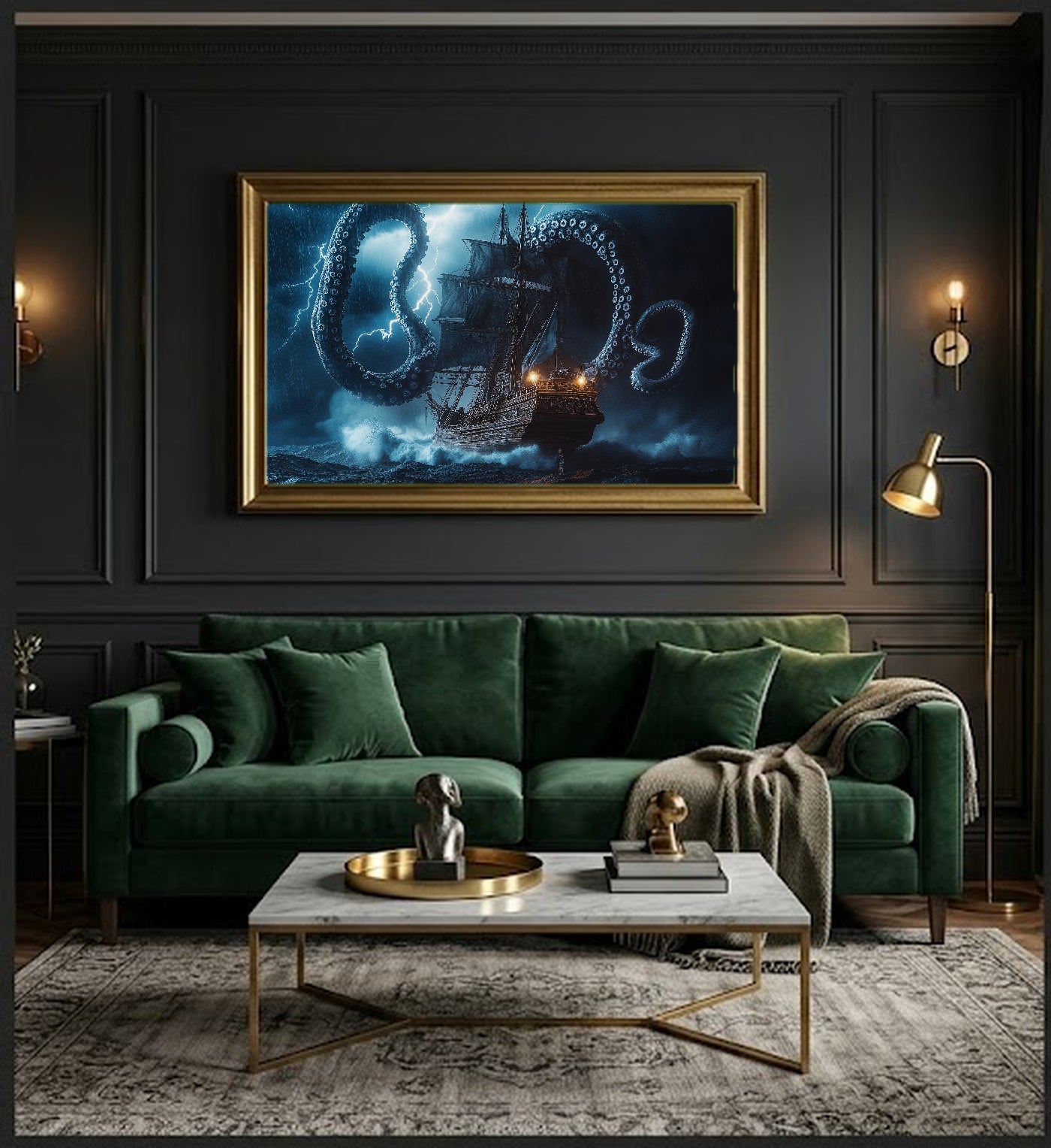 Kraken Canvas Wall Art | Ship Storm Print, Mythical Maritime Decor, Stretched Canvas — kraken-ship-storm-office-wall-art.jpg