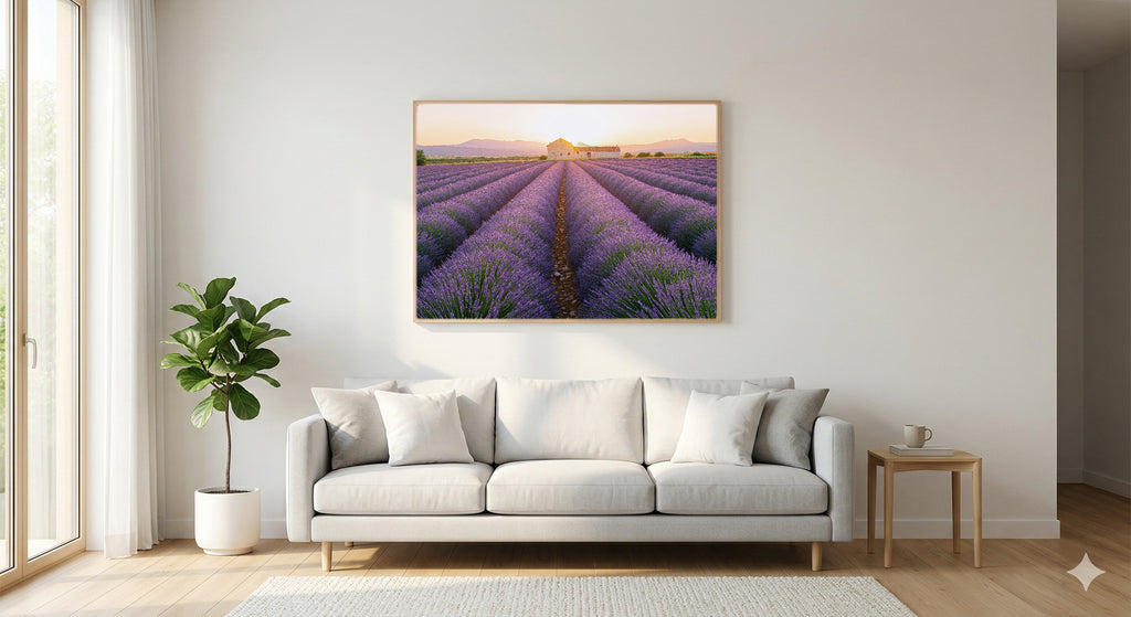 Lavender Field Canvas Wall Art | Provence France Sunset Print, Botanical Decor, Stretched Canvas — lavender-field-sunset-living-room-wall-art.jpg