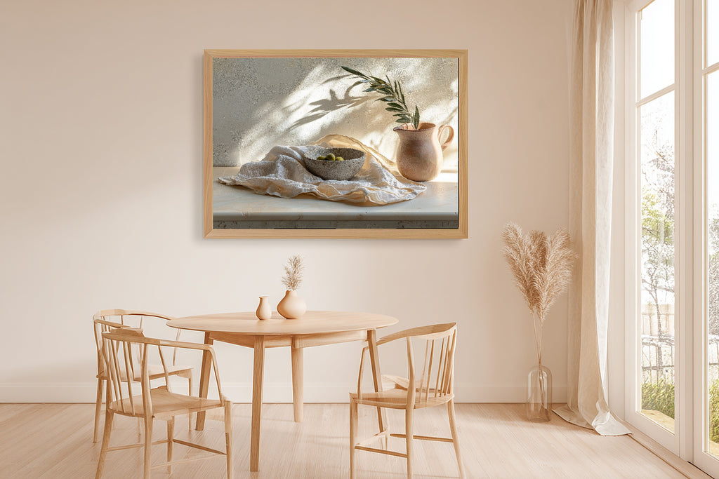 Layered Linen Travertine Still Canvas Wall Art for the Bedroom, Soft Painterly Print, Soft Dreamy Glow, Gift for Creatives — layered-linen-travertine-still-dining-room-wall-art.jpg