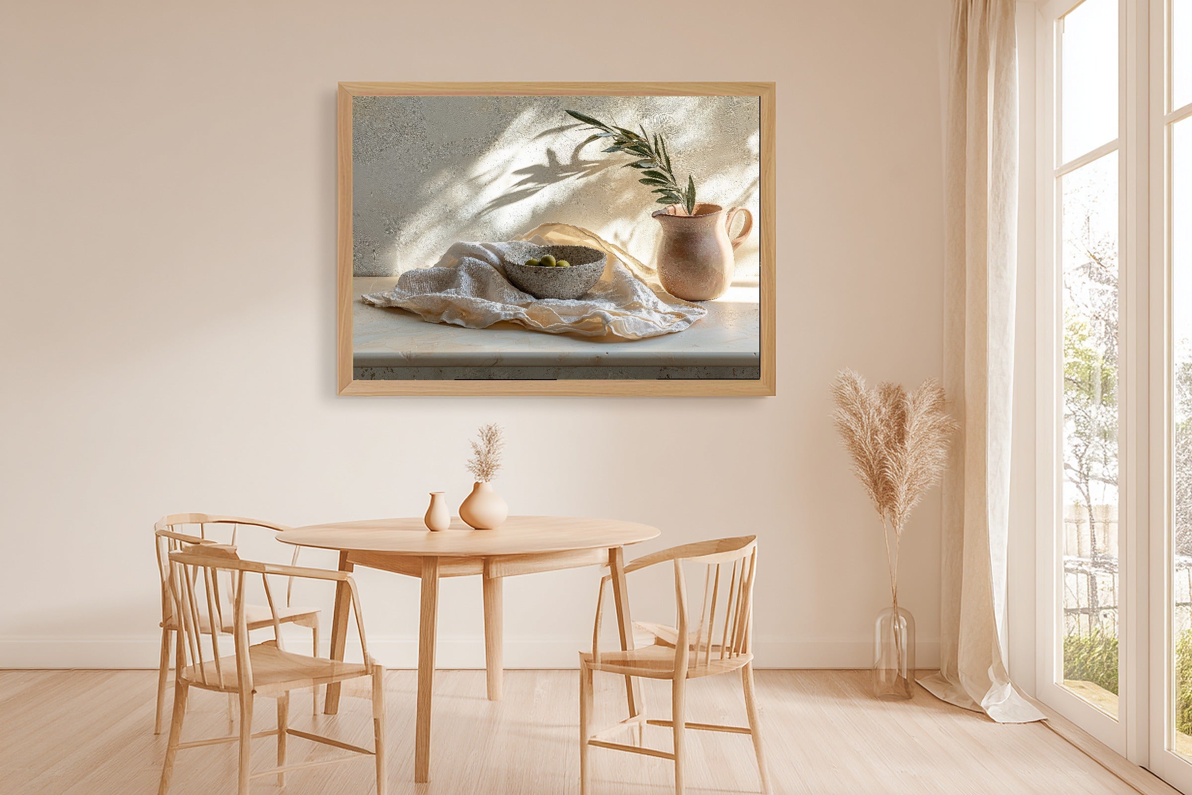 Layered Linen Travertine Still Canvas Wall Art for the Bedroom, Soft Painterly Print, Soft Dreamy Glow, Gift for Creatives — layered-linen-travertine-still-dining-room-wall-art.jpg