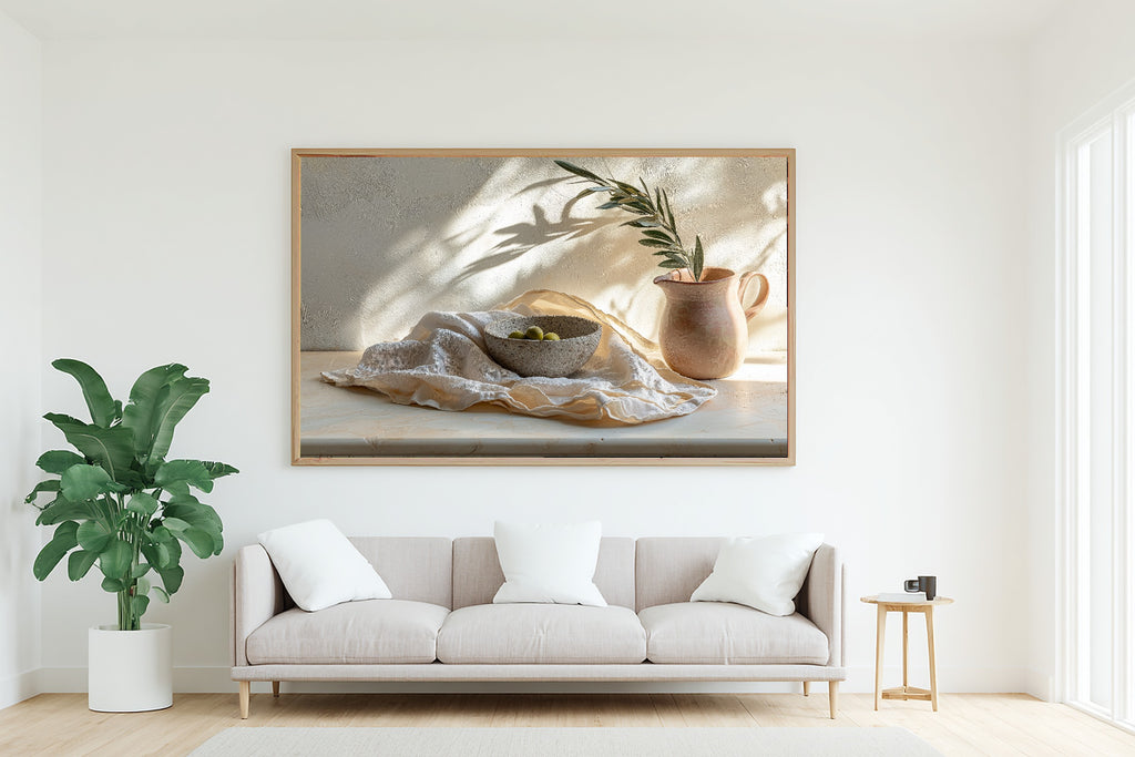 Layered Linen Travertine Still Canvas Wall Art for the Bedroom, Soft Painterly Print, Soft Dreamy Glow, Gift for Creatives — layered-linen-travertine-still-living-room-wall-art.jpg