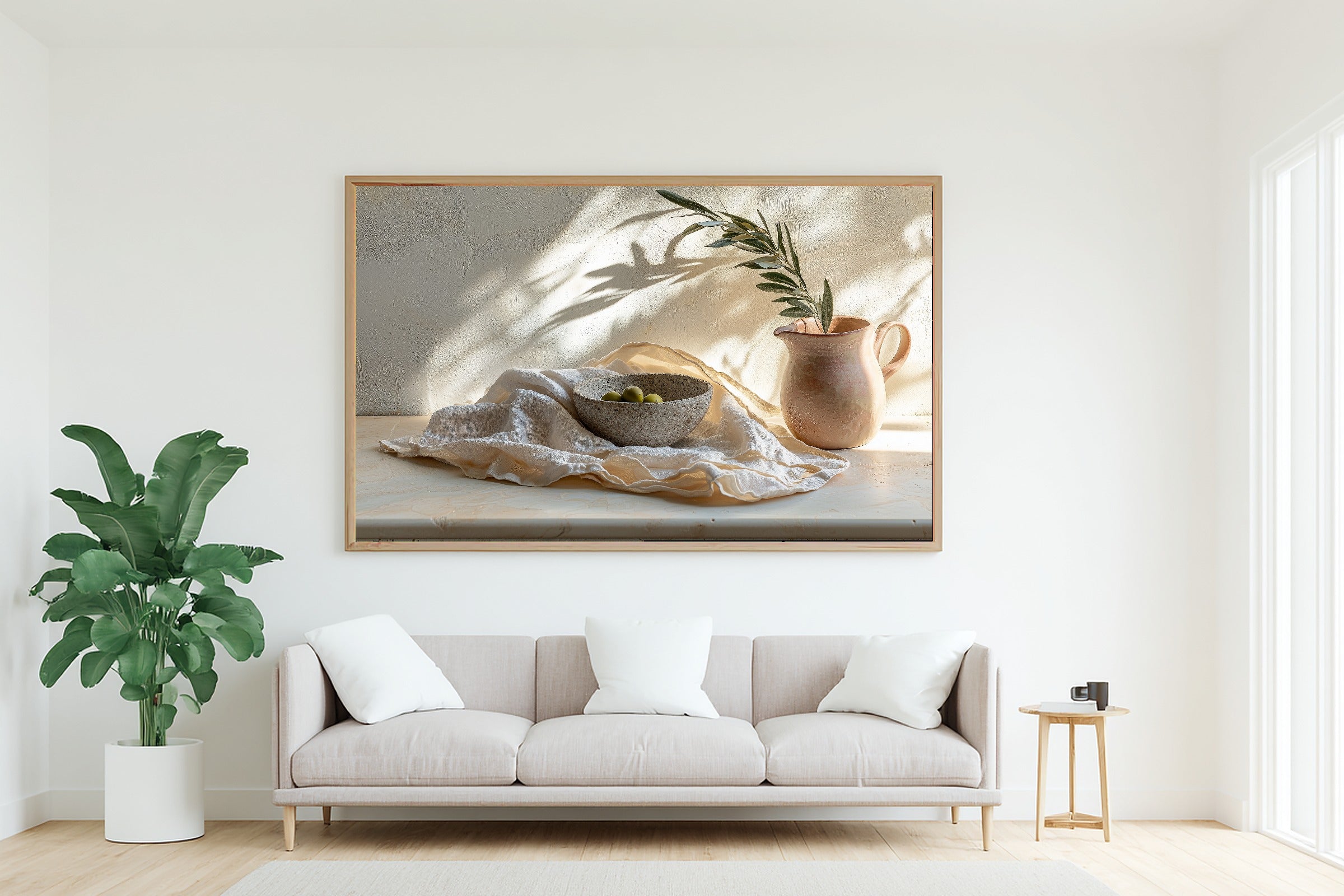 Layered Linen Travertine Still Canvas Wall Art for the Bedroom, Soft Painterly Print, Soft Dreamy Glow, Gift for Creatives — layered-linen-travertine-still-living-room-wall-art.jpg