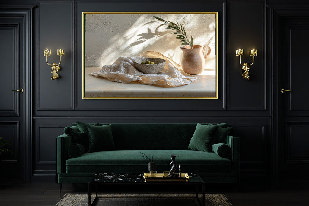 Layered Linen Travertine Still Canvas Wall Art for the Bedroom, Soft Painterly Print, Soft Dreamy Glow, Gift for Creatives — layered-linen-travertine-still-office-wall-art.jpg