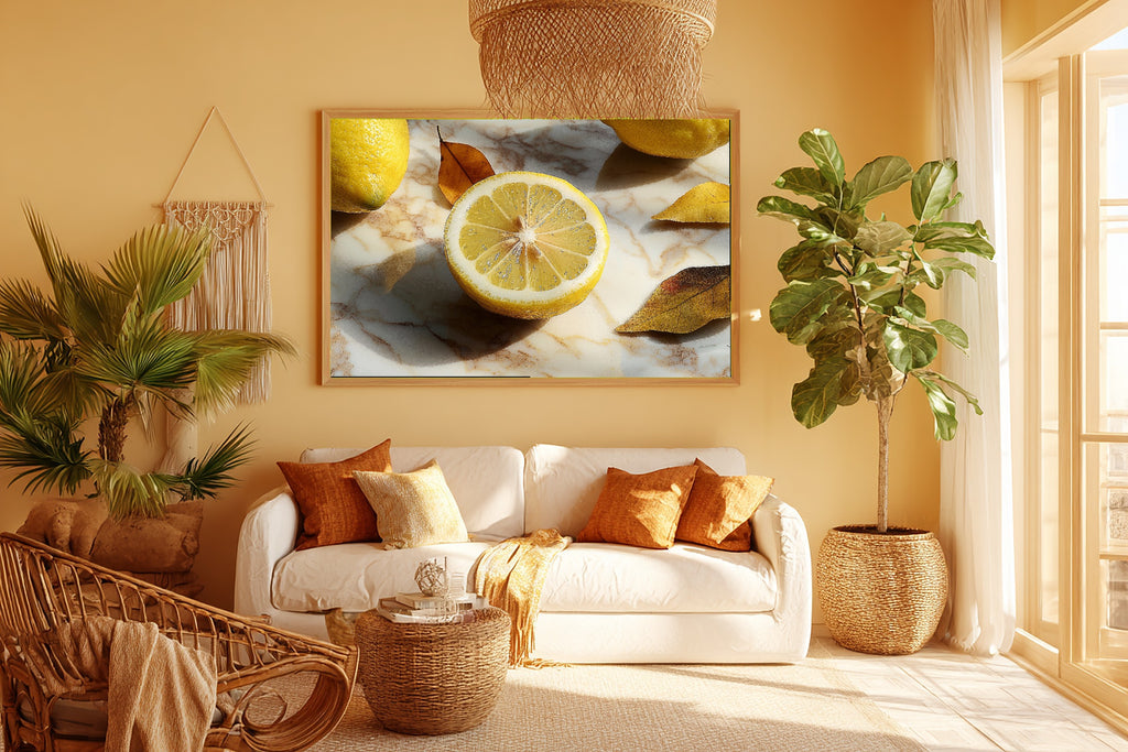 Lemon Half Marble Table Museum-Quality Canvas, Patina-Blue Abstract Art, Home Office Wall Decor, Gift for Home Owners — lemon-half-marble-table-room-5-wall-art.jpg