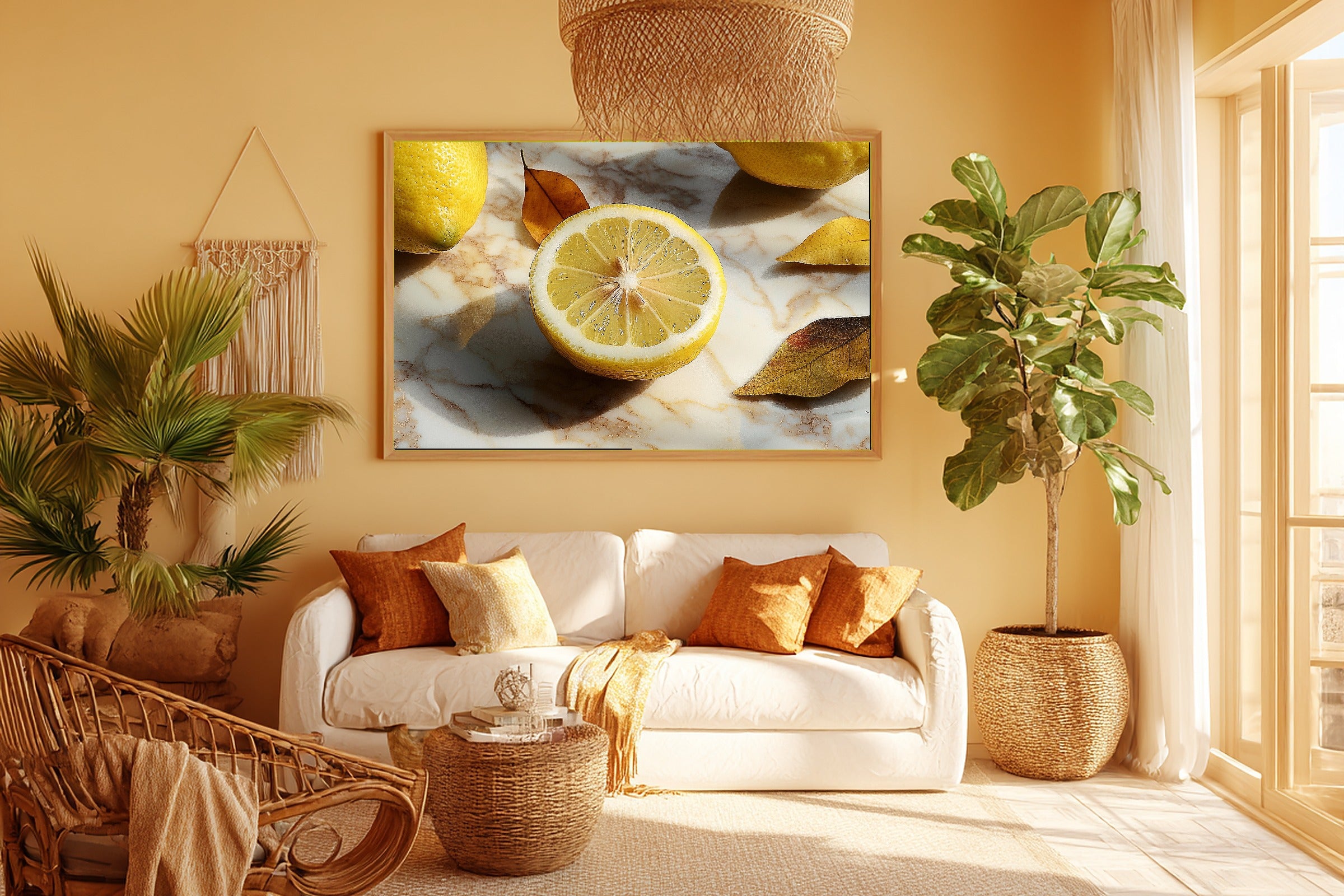 Lemon Half Marble Table Museum-Quality Canvas, Patina-Blue Abstract Art, Home Office Wall Decor, Gift for Home Owners — lemon-half-marble-table-room-5-wall-art.jpg